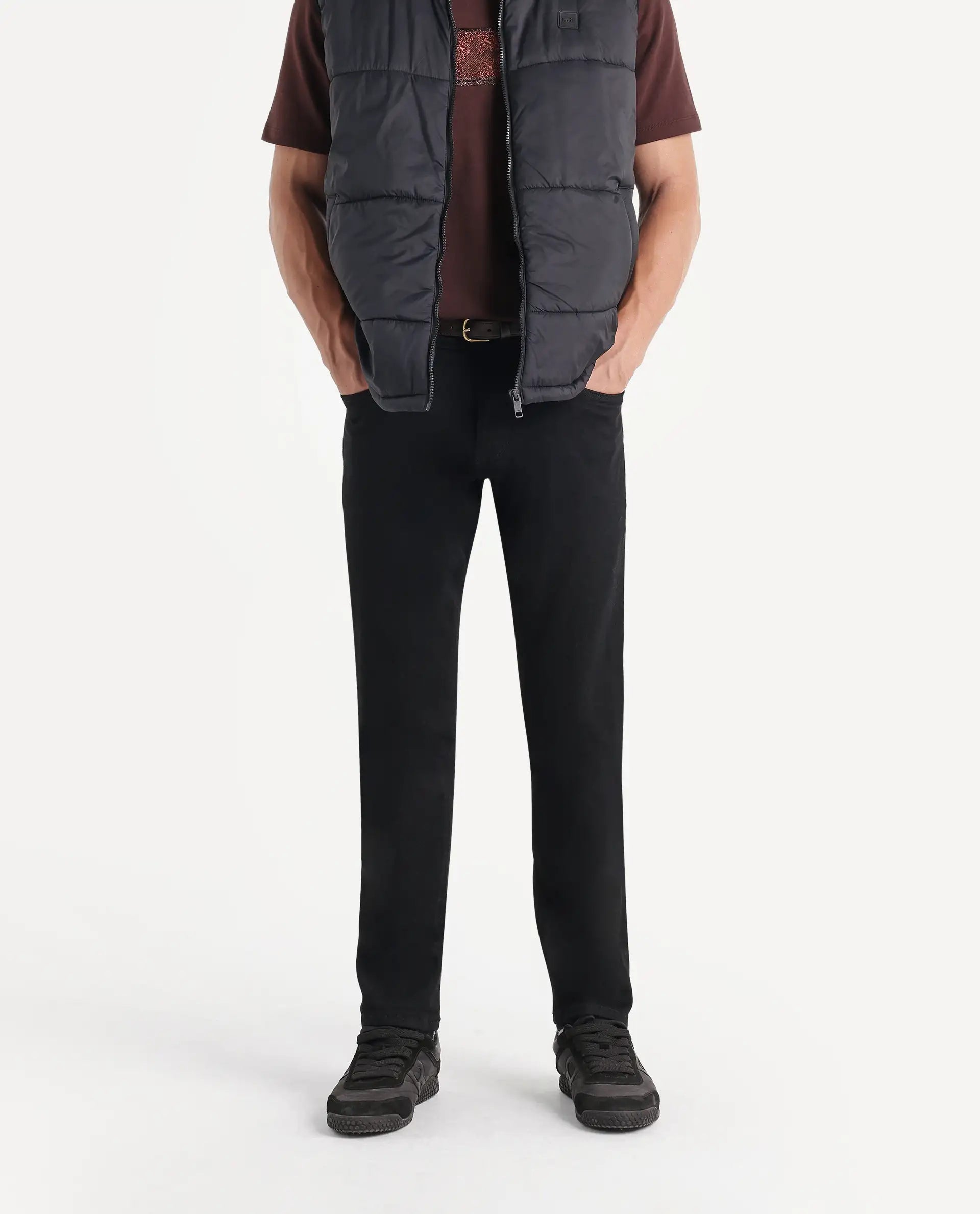 Rare Rabbit Men's Kuro Black Cotton Blend Hawk Slim Plain Jeans