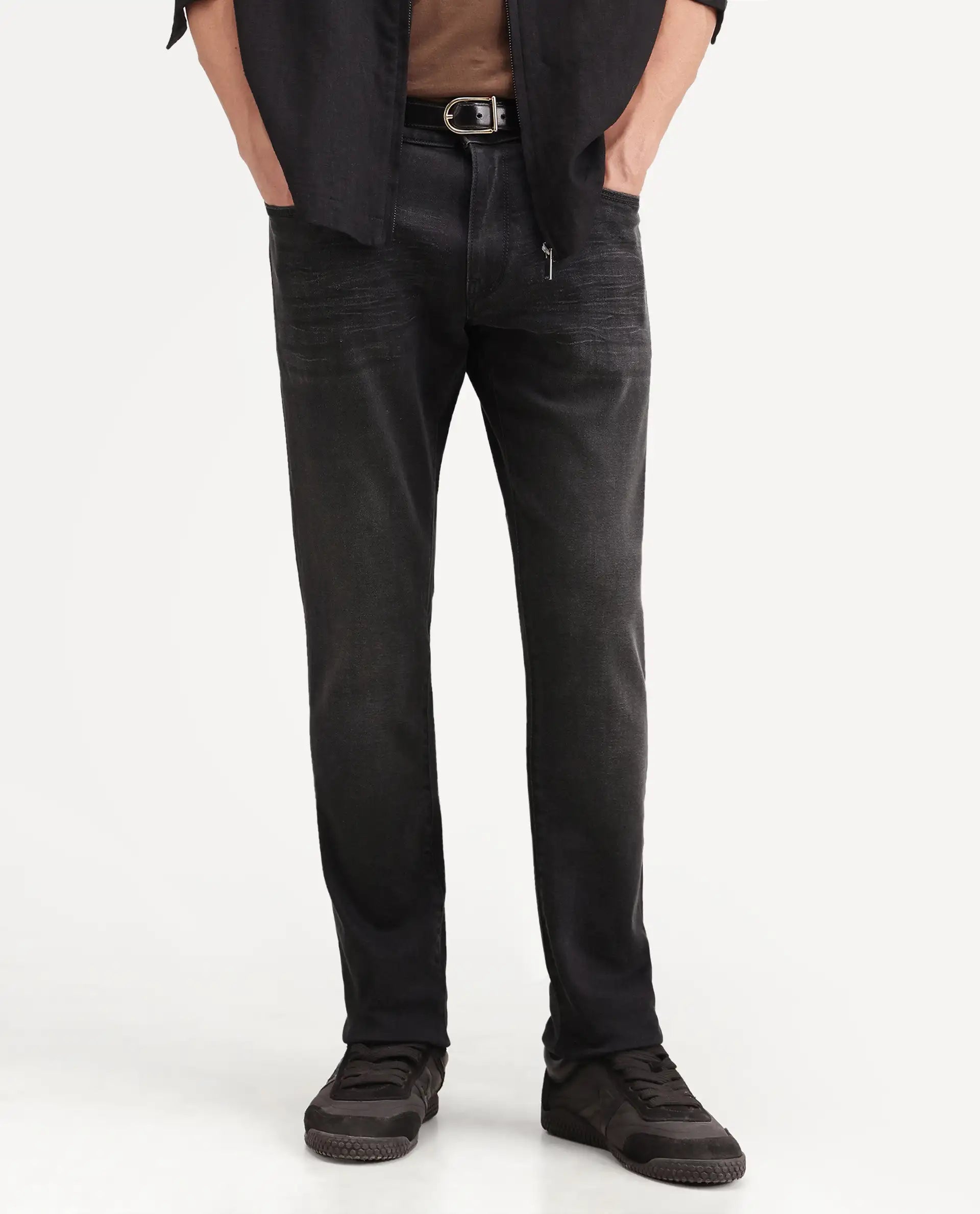 Rare Rabbit Men's Kurom Dark Grey Cotton Blend Hawk Slim Plain Jeans