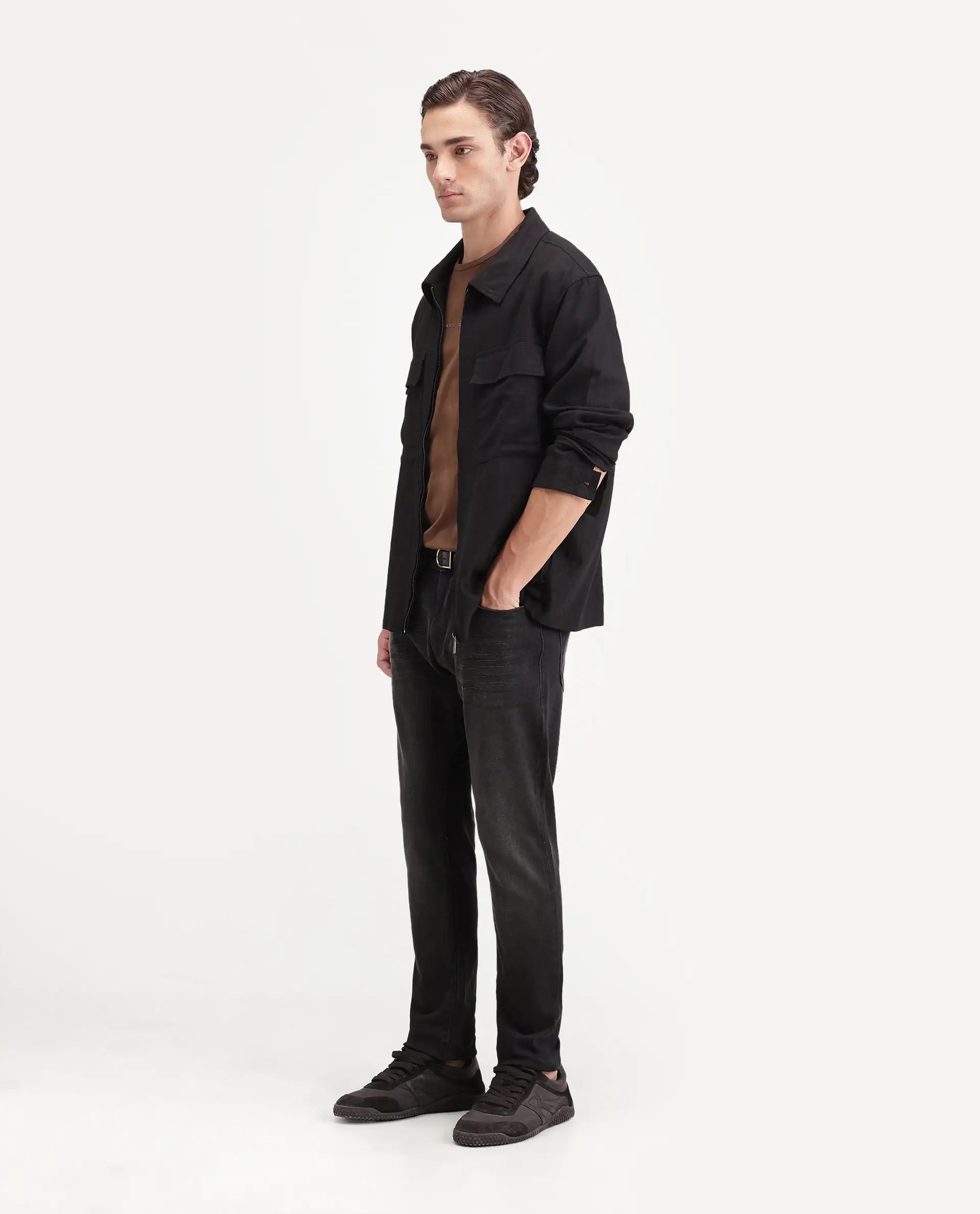 Rare Rabbit Men's Kurom Dark Grey Cotton Blend Hawk Slim Plain Jeans