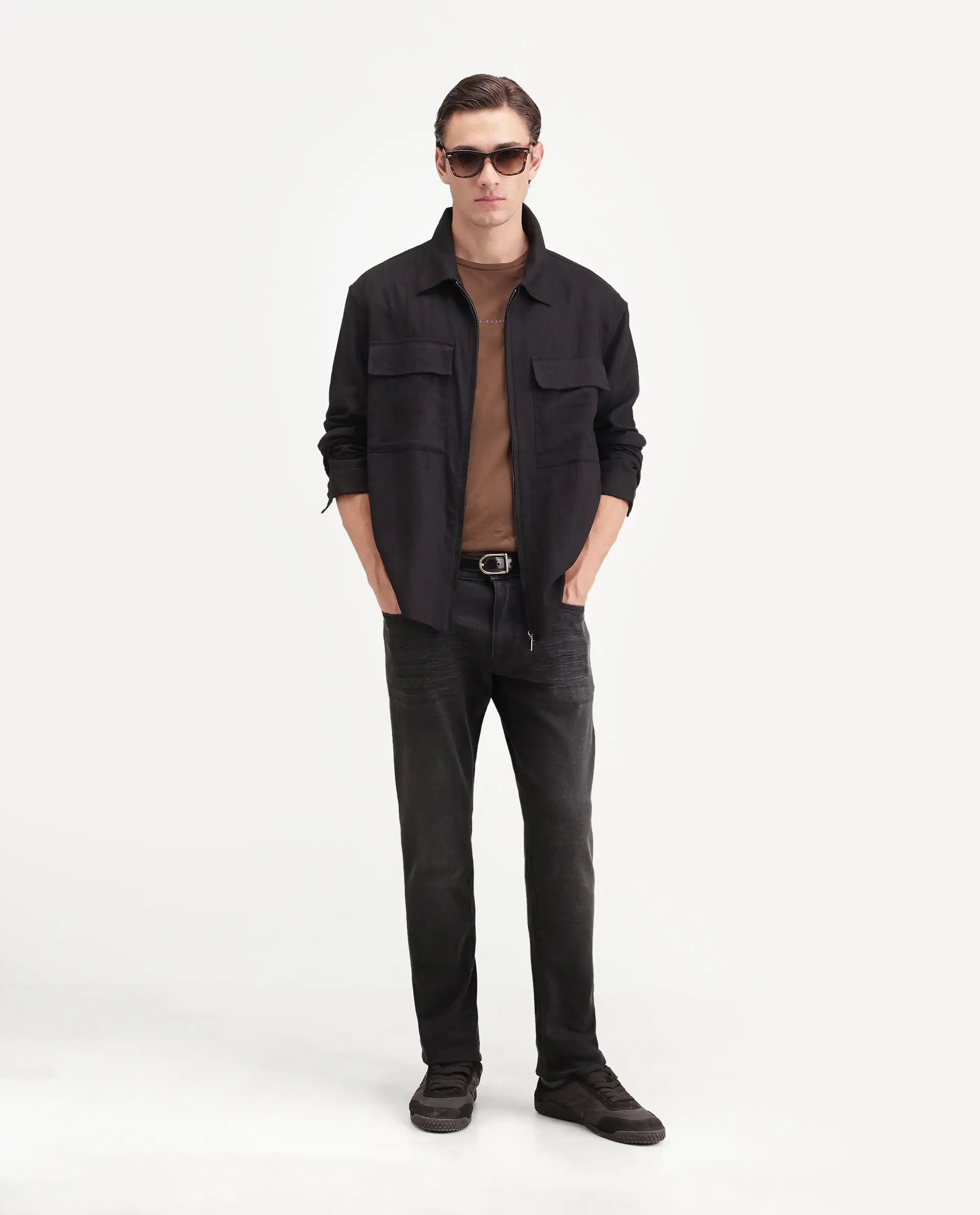 Rare Rabbit Men's Kurom Dark Grey Cotton Blend Hawk Slim Plain Jeans