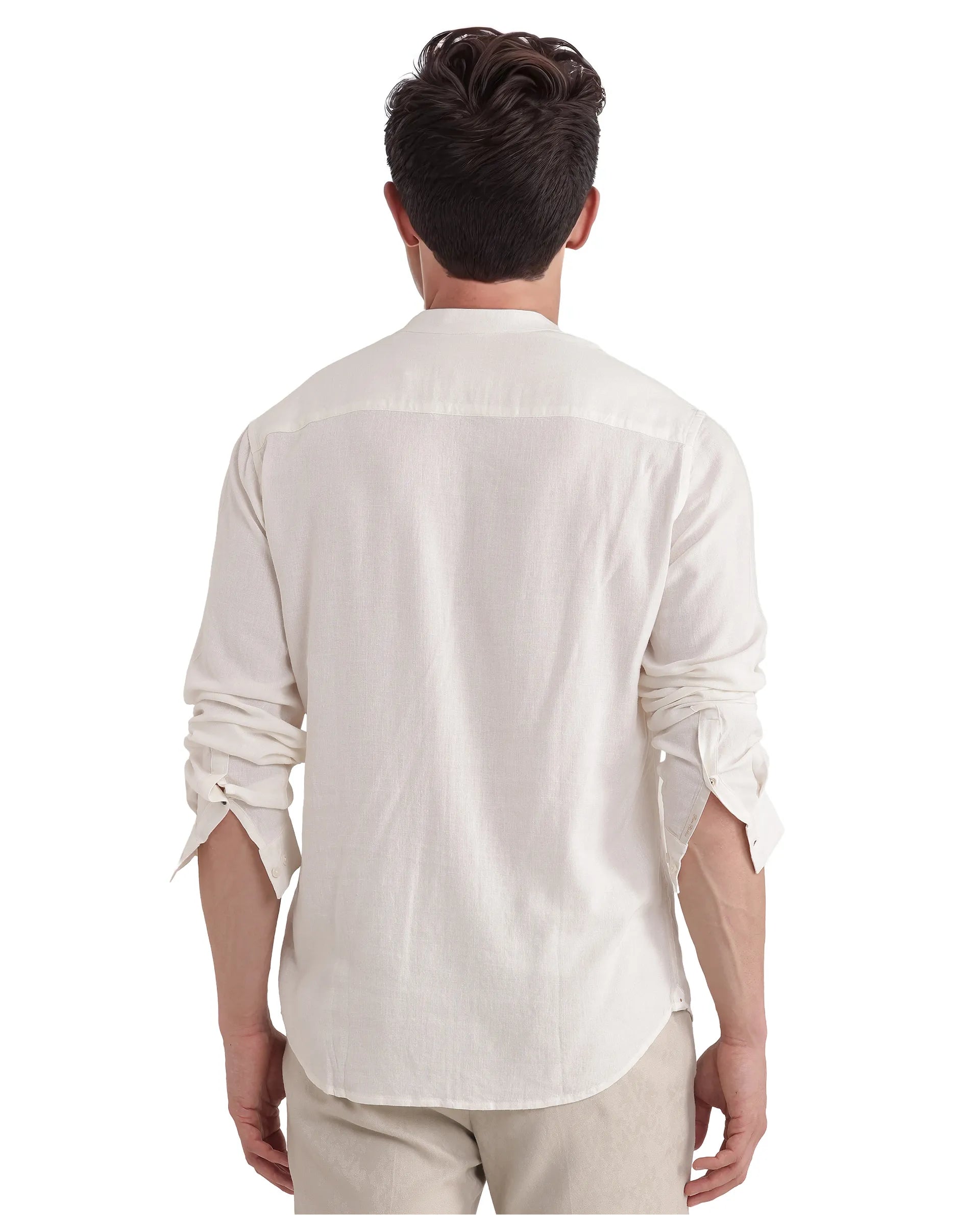Rare Rabbit Men Kurt White Viscose Linen Fabric Full Sleeve Mandarin Collar Button Closure Plain Shirt