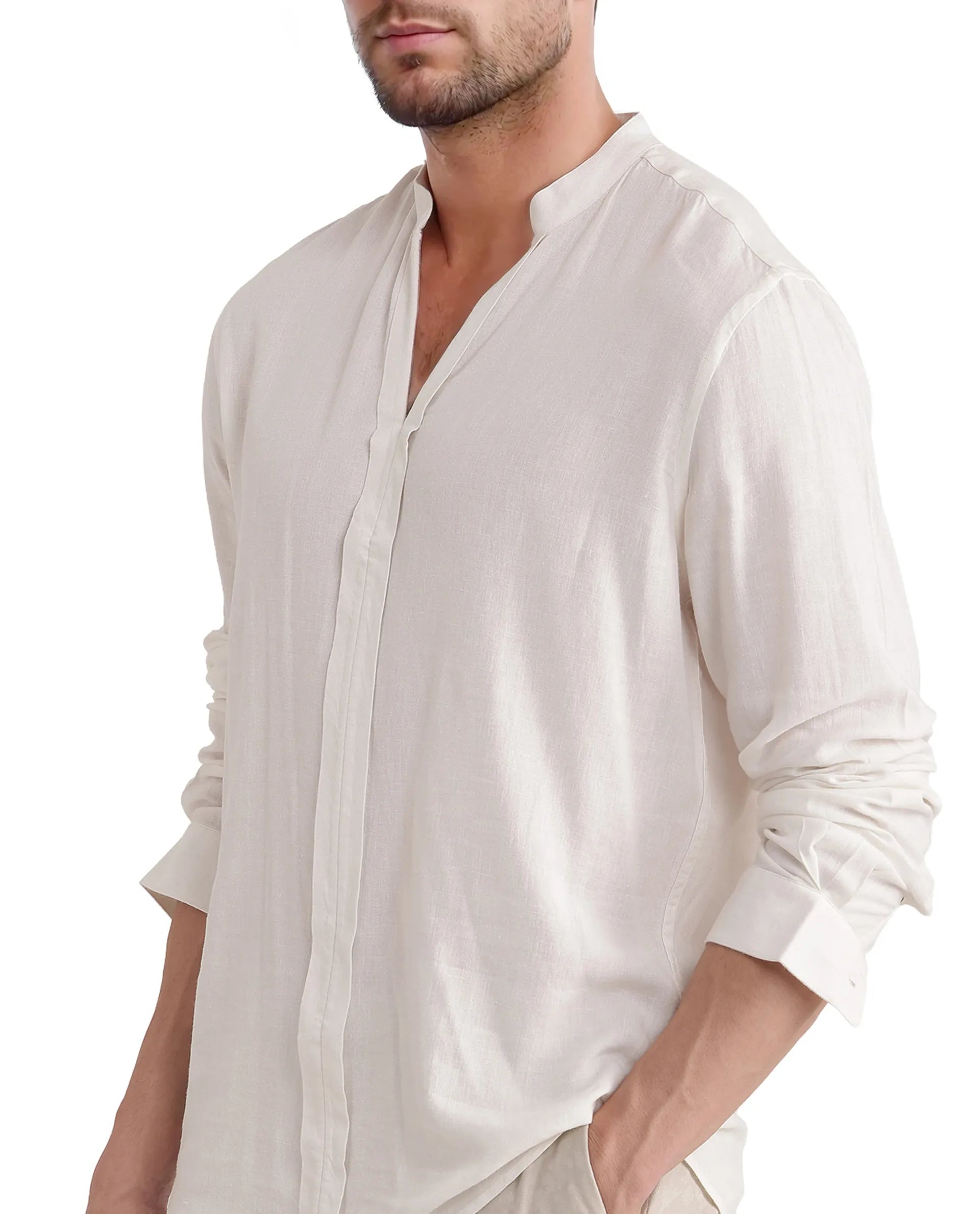 Rare Rabbit Men Kurt White Viscose Linen Fabric Full Sleeve Mandarin Collar Button Closure Plain Shirt