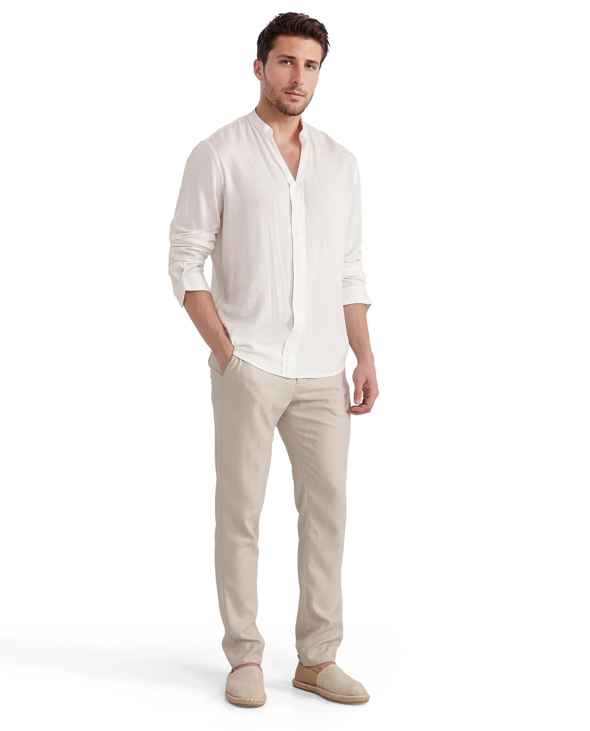 Rare Rabbit Men Kurt White Viscose Linen Fabric Full Sleeve Mandarin Collar Button Closure Plain Shirt