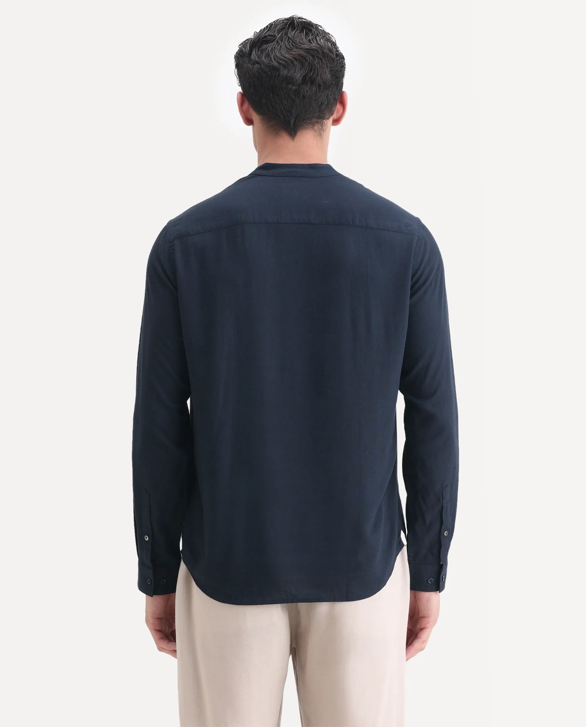 Rare Rabbit Men's Kurt Navy Linen Blend Plain Regular Fit Full Sleeve Mandarin Collar Shirt