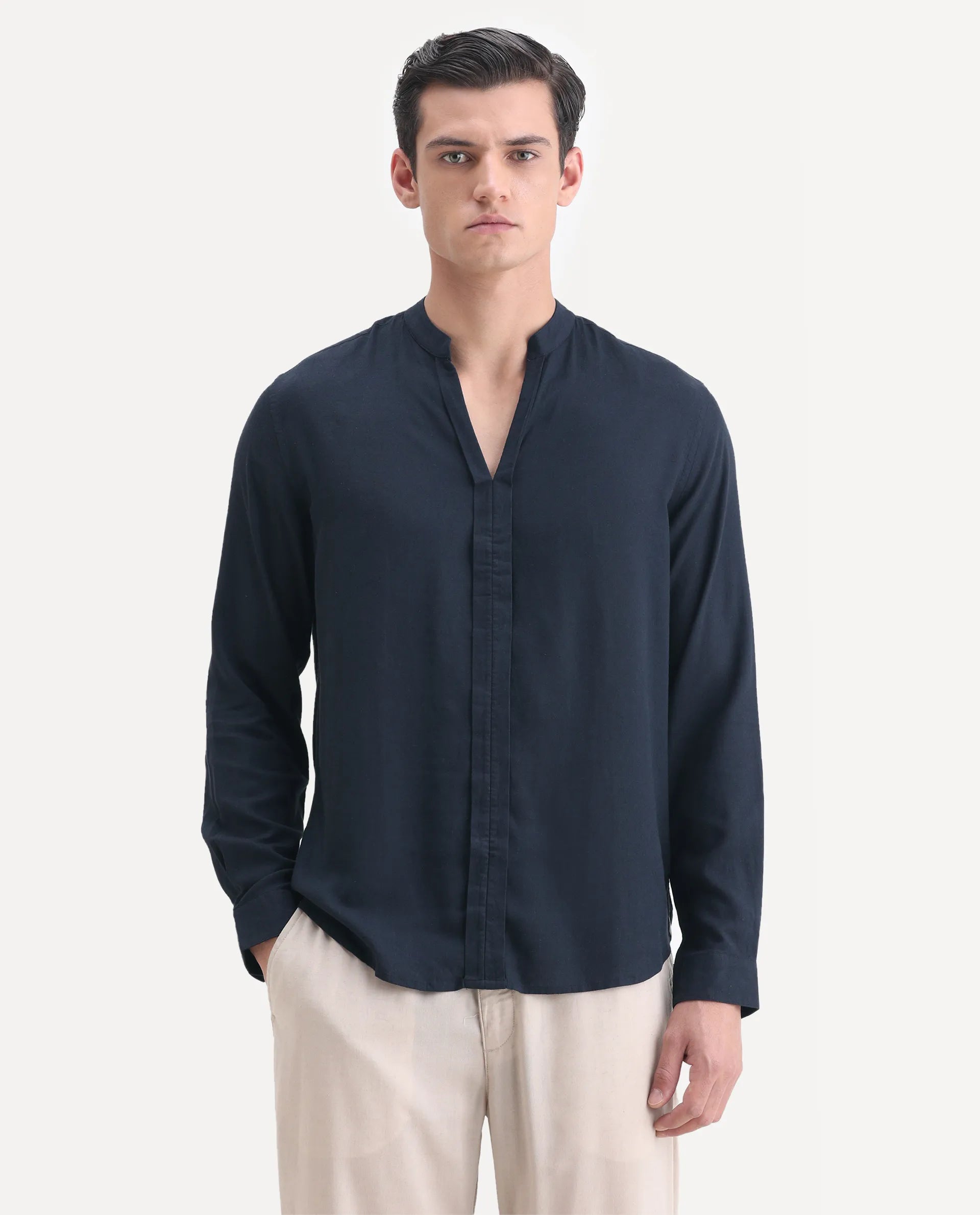 Rare Rabbit Men's Kurt Navy Linen Blend Plain Regular Fit Full Sleeve Mandarin Collar Shirt