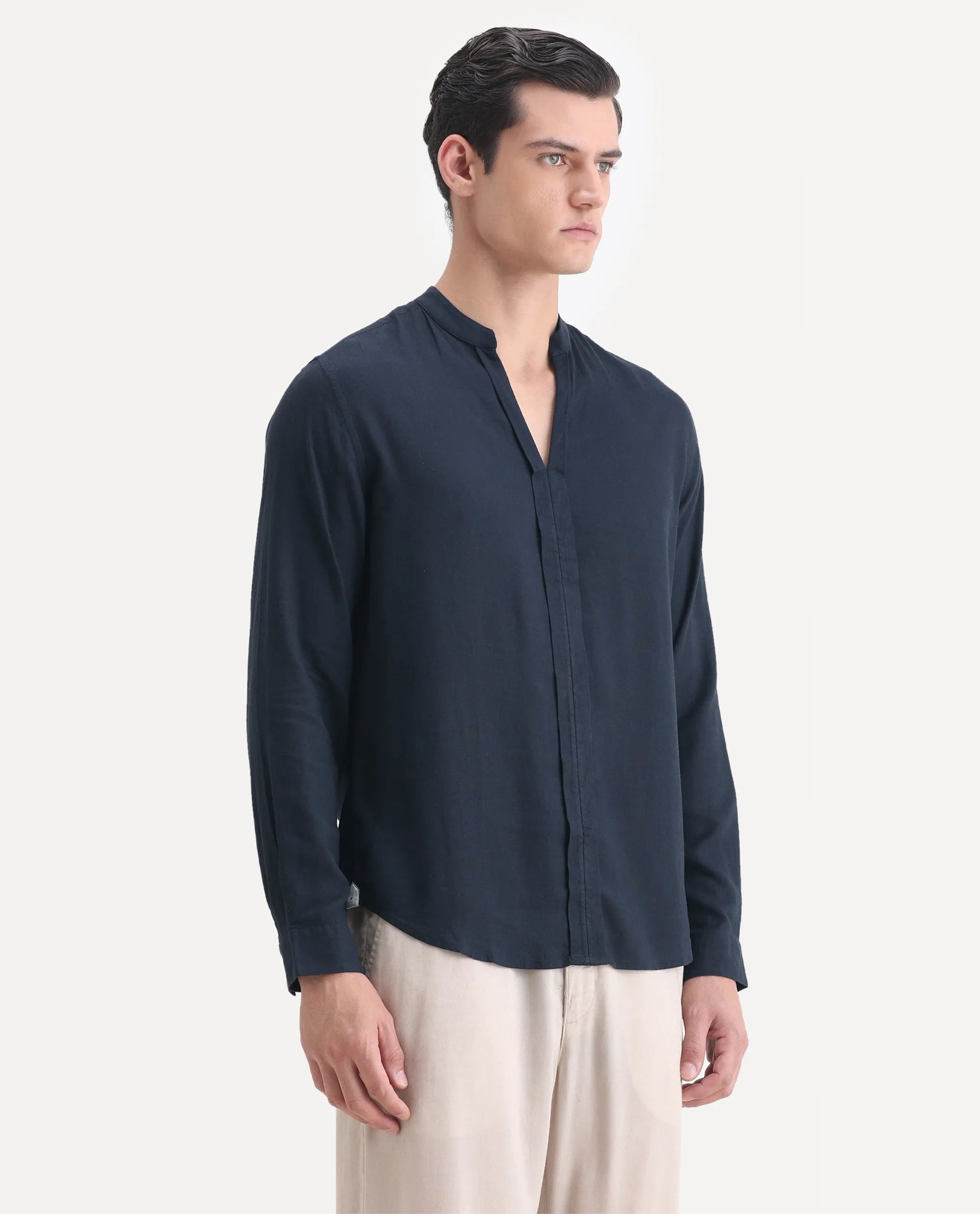 Rare Rabbit Men's Kurt Navy Linen Blend Plain Regular Fit Full Sleeve Mandarin Collar Shirt