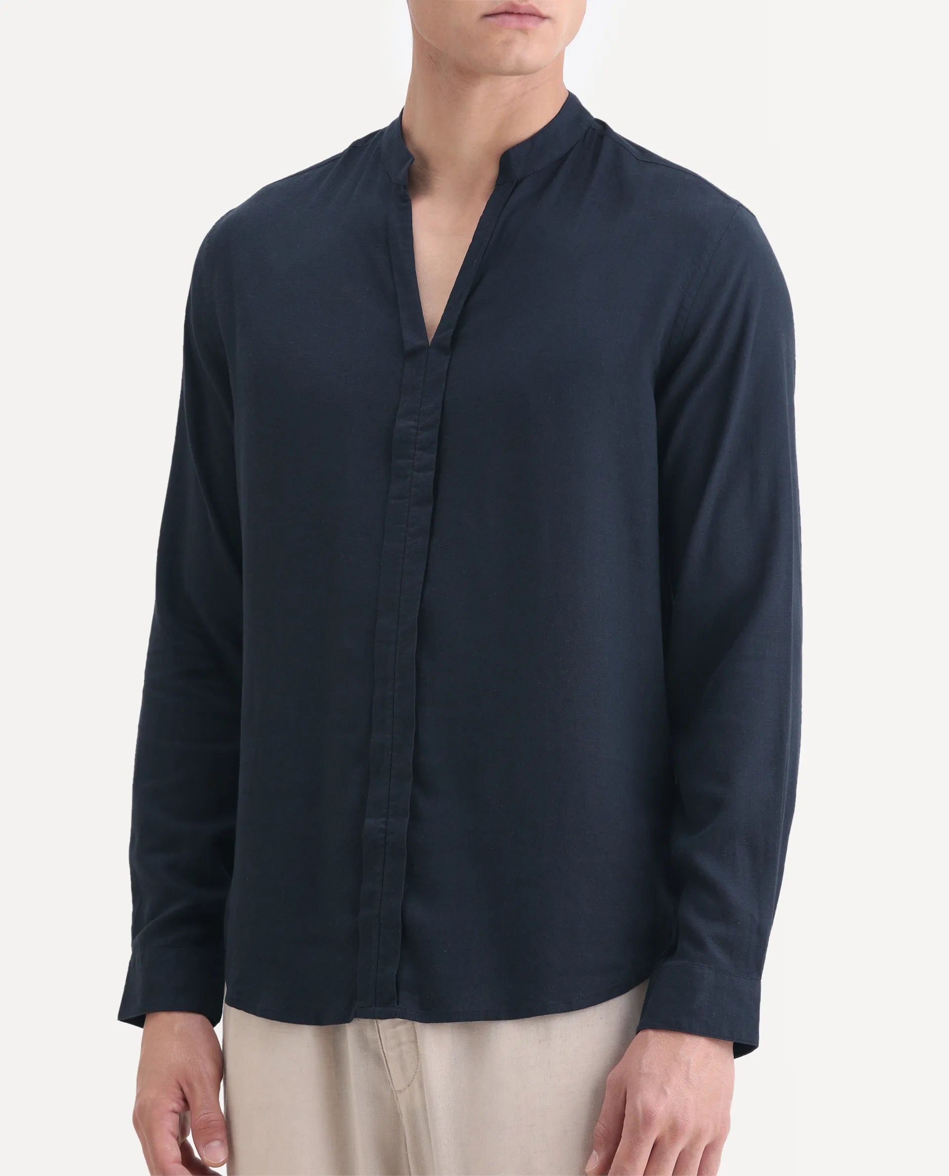 Rare Rabbit Men's Kurt Navy Linen Blend Plain Regular Fit Full Sleeve Mandarin Collar Shirt