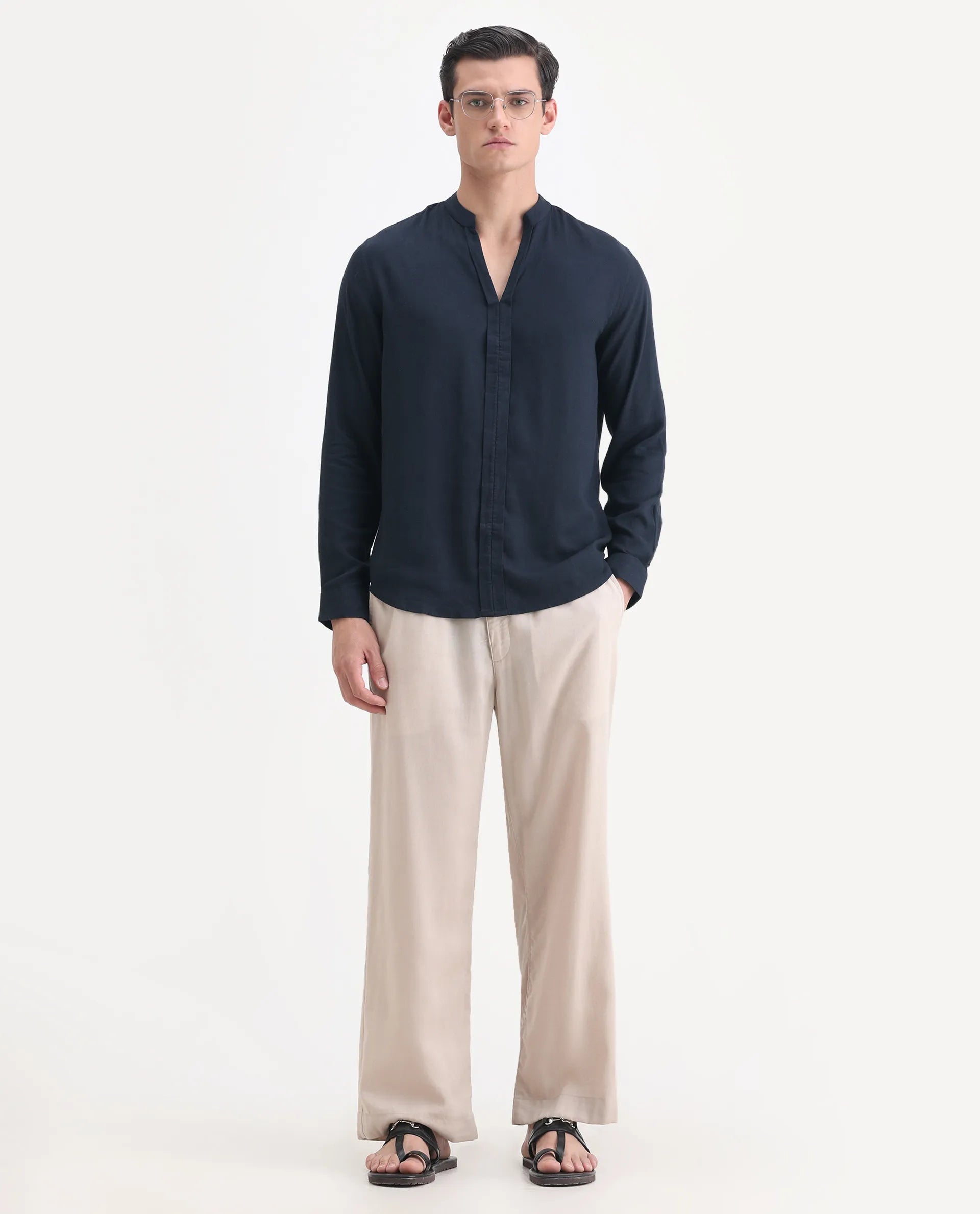 Rare Rabbit Men's Kurt Navy Linen Blend Plain Regular Fit Full Sleeve Mandarin Collar Shirt