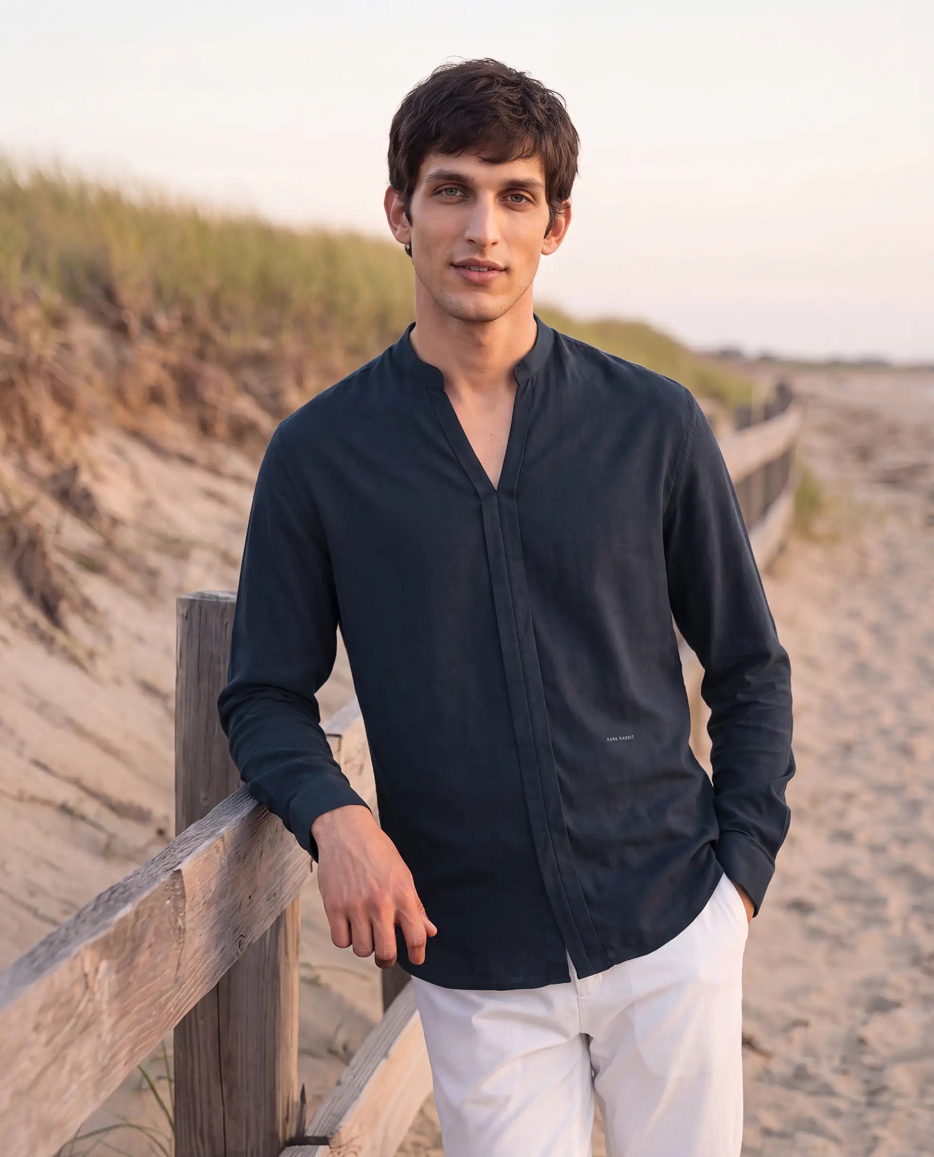 Rare Rabbit Men's Kurto-26 Navy Linen Blend Fabric Full Sleeve Mandarin Collar Regular Fit Plain Shirt