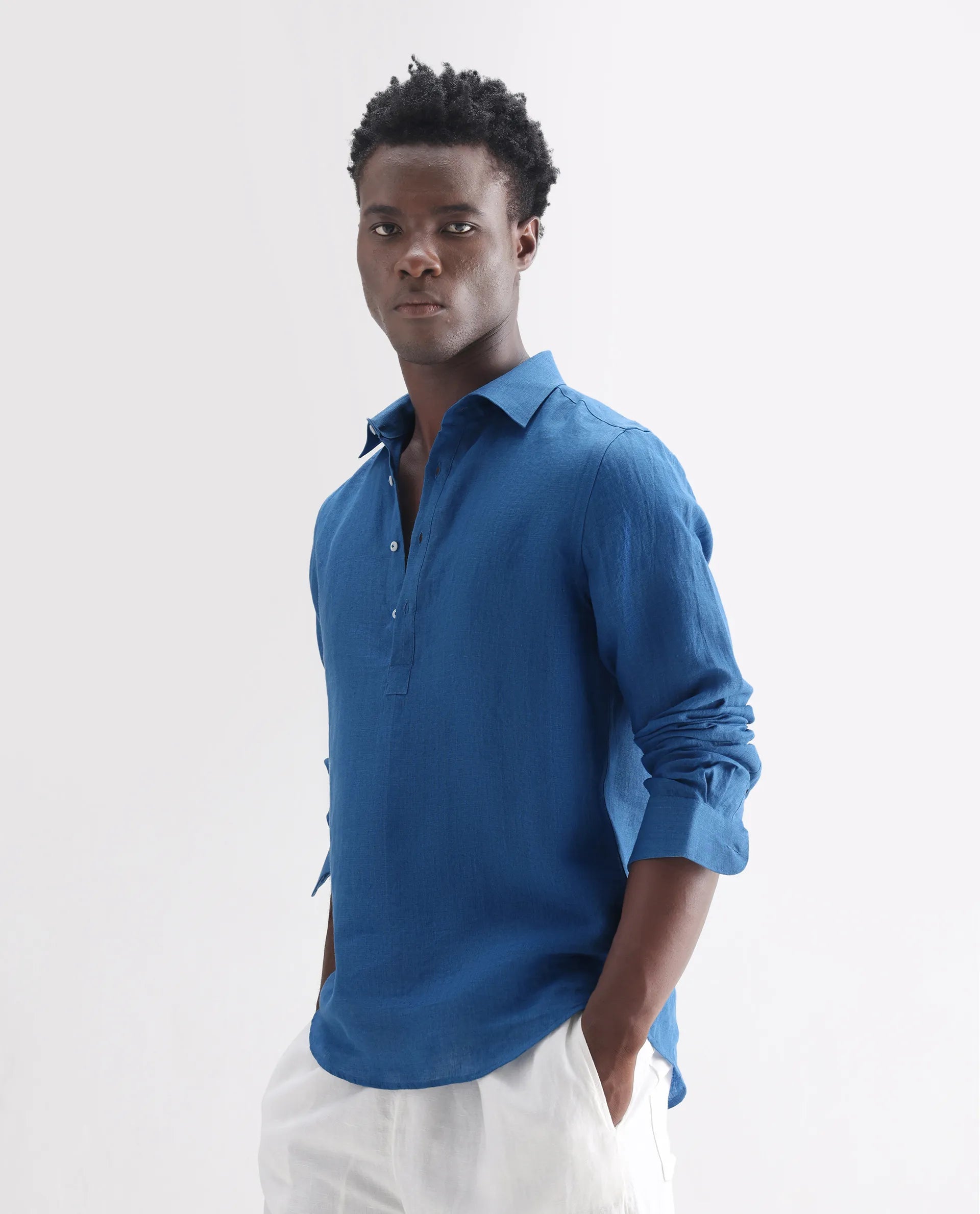 Rare Rabbit Men's Kurts Blue 100% Linen Plain Regular Fit Full Sleeve Collared Shirt