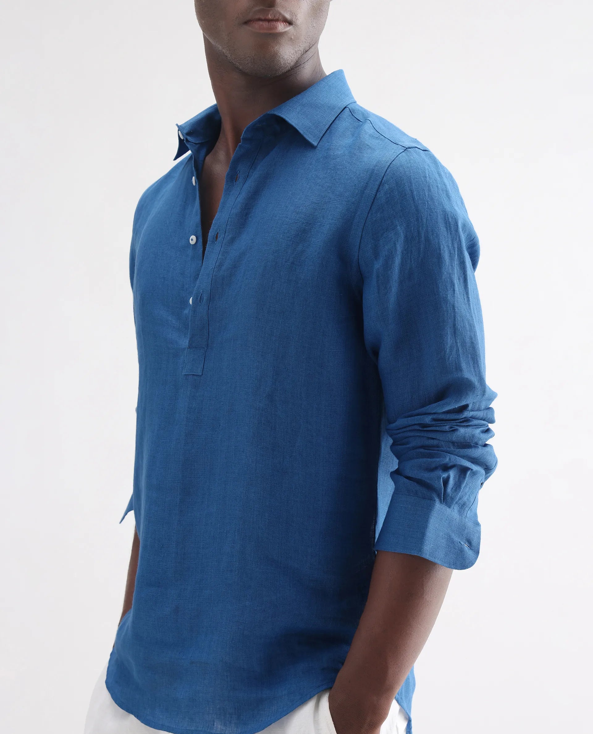 Rare Rabbit Men's Kurts Blue 100% Linen Plain Regular Fit Full Sleeve Collared Shirt