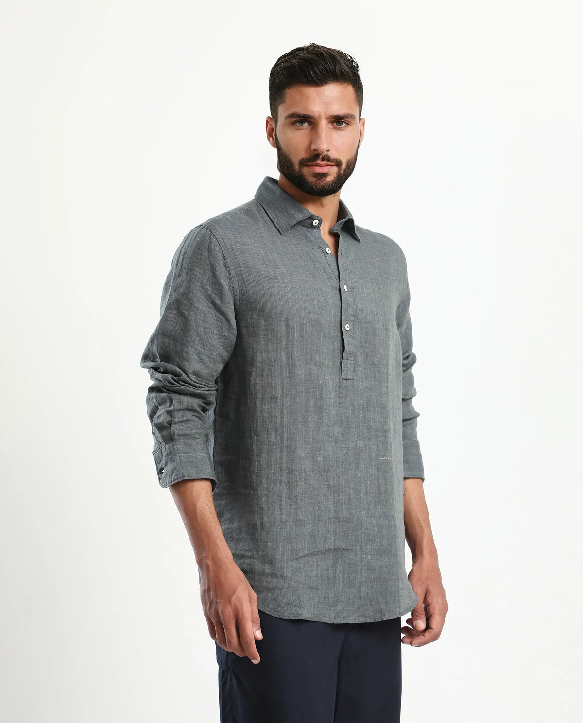 Rare Rabbit Men's Kurts Dark Grey Linen Plain Regular Fit Full Sleeve Collared Shirt