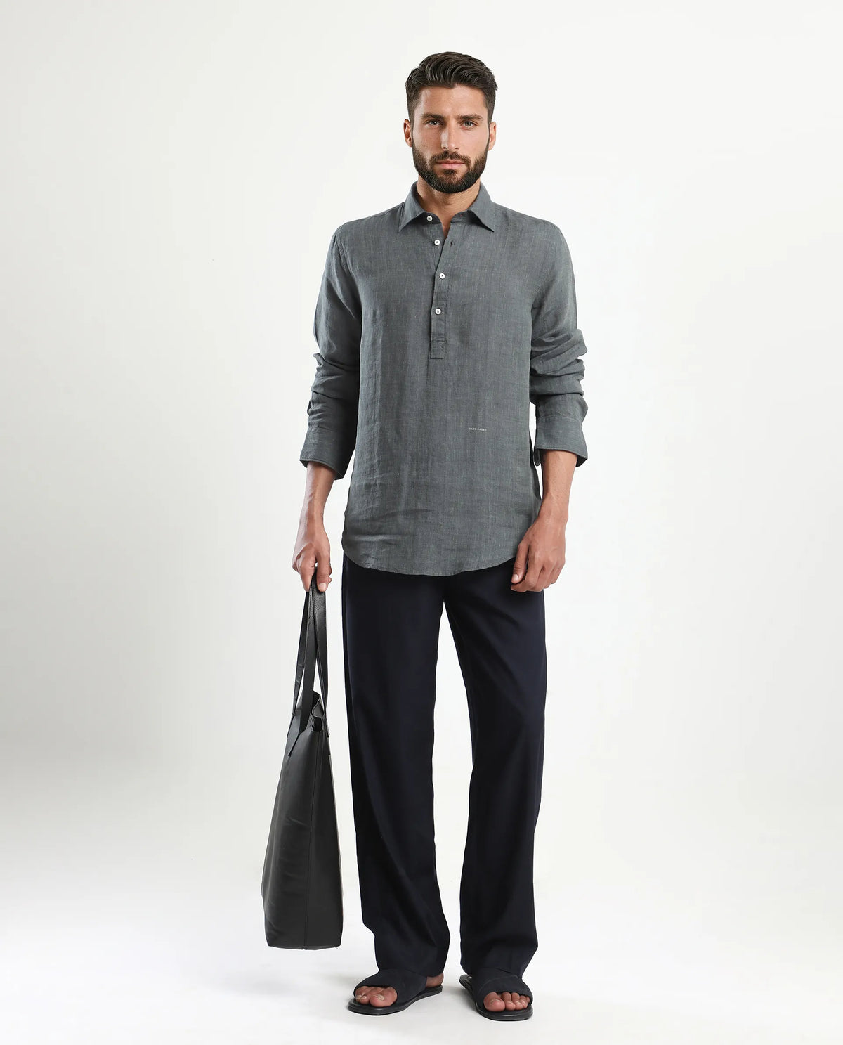 Rare Rabbit Men's Kurts Dark Grey Linen Plain Regular Fit Full Sleeve Collared Shirt