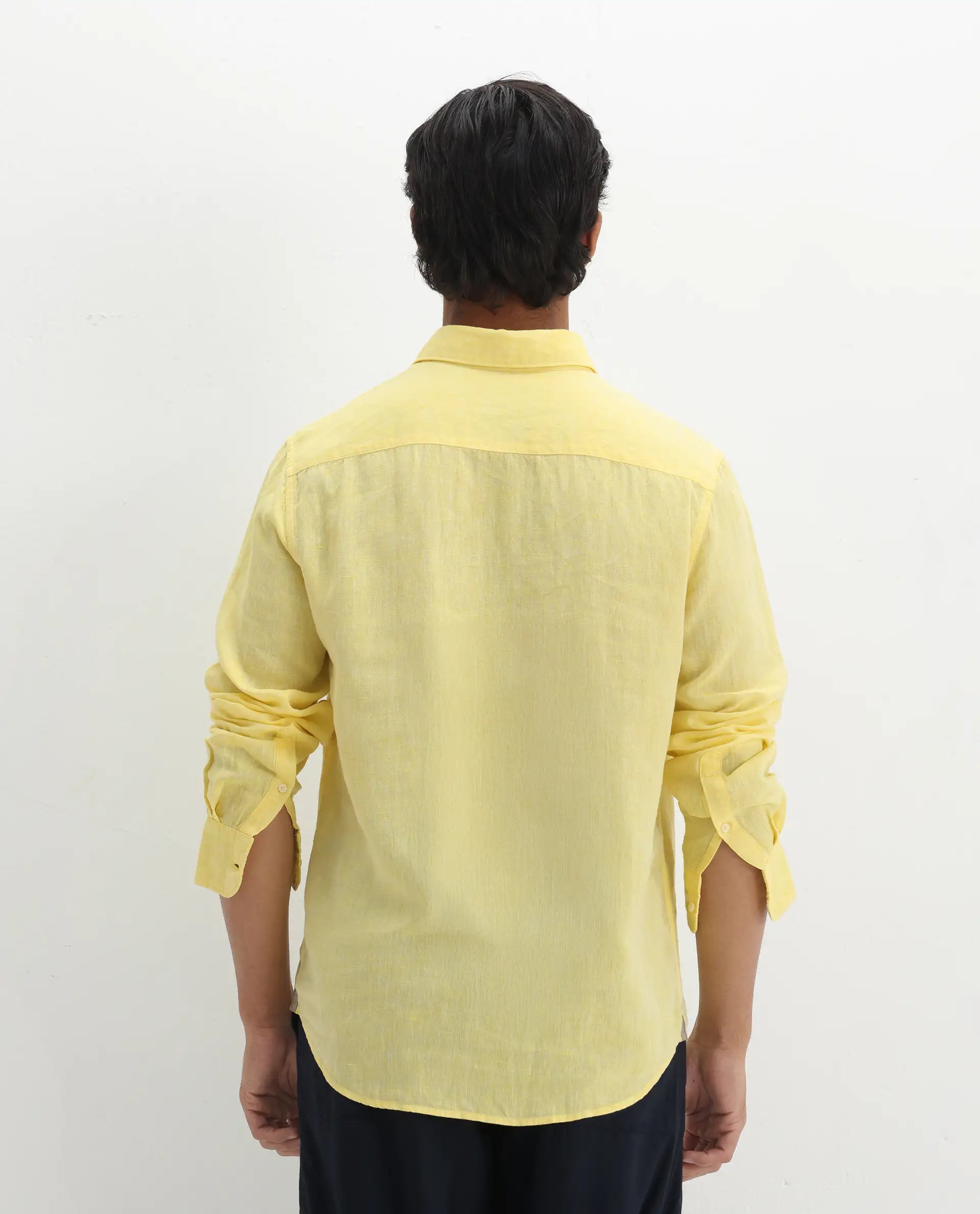 Rare Rabbit Men's Kurts Yellow Linen Plain Regular Fit Full Sleeve Collared Shirt