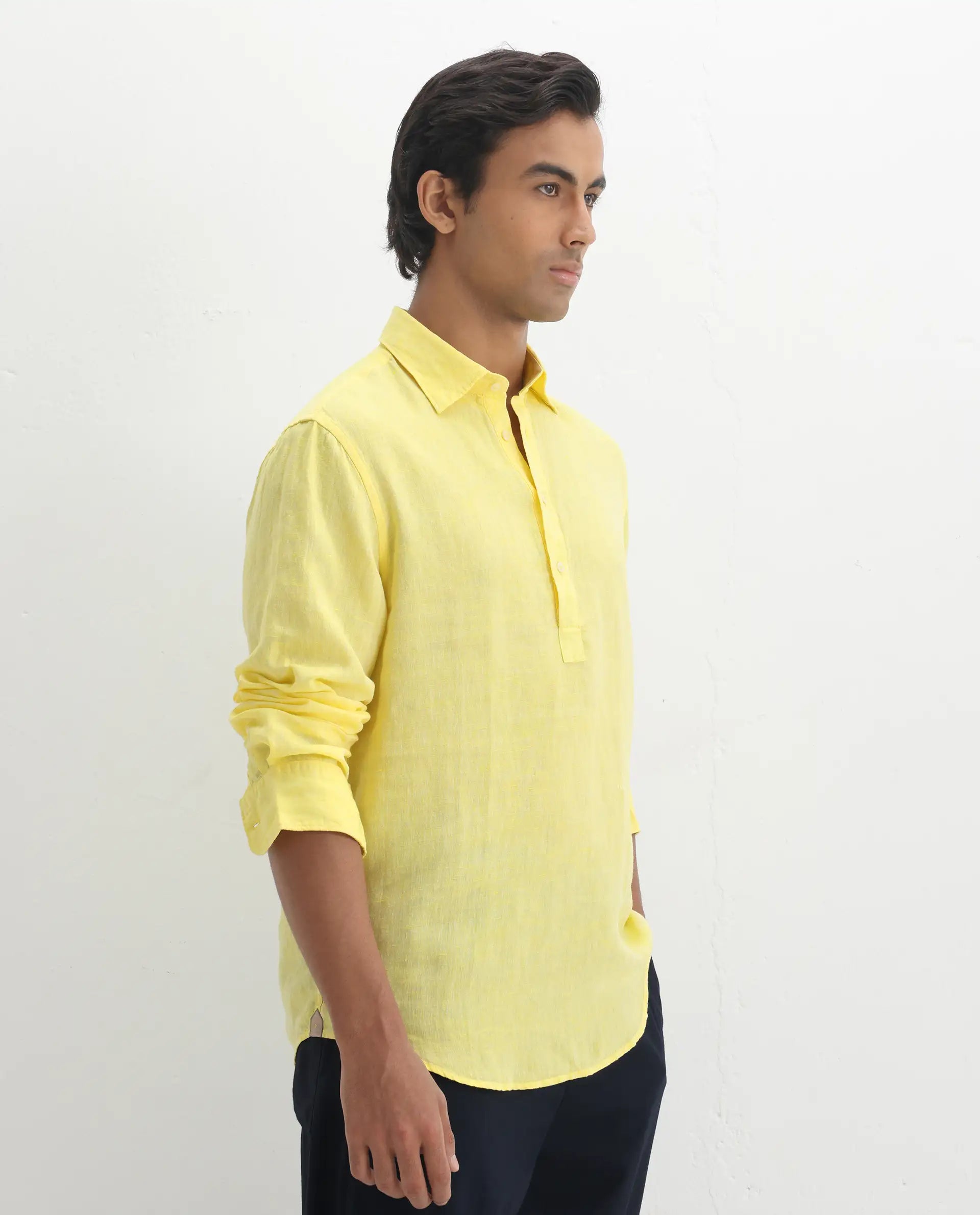 Rare Rabbit Men's Kurl Light Yellow 100% Linen Fabric Full Sleeves Collared Neck Button Closure Plain Shirt
