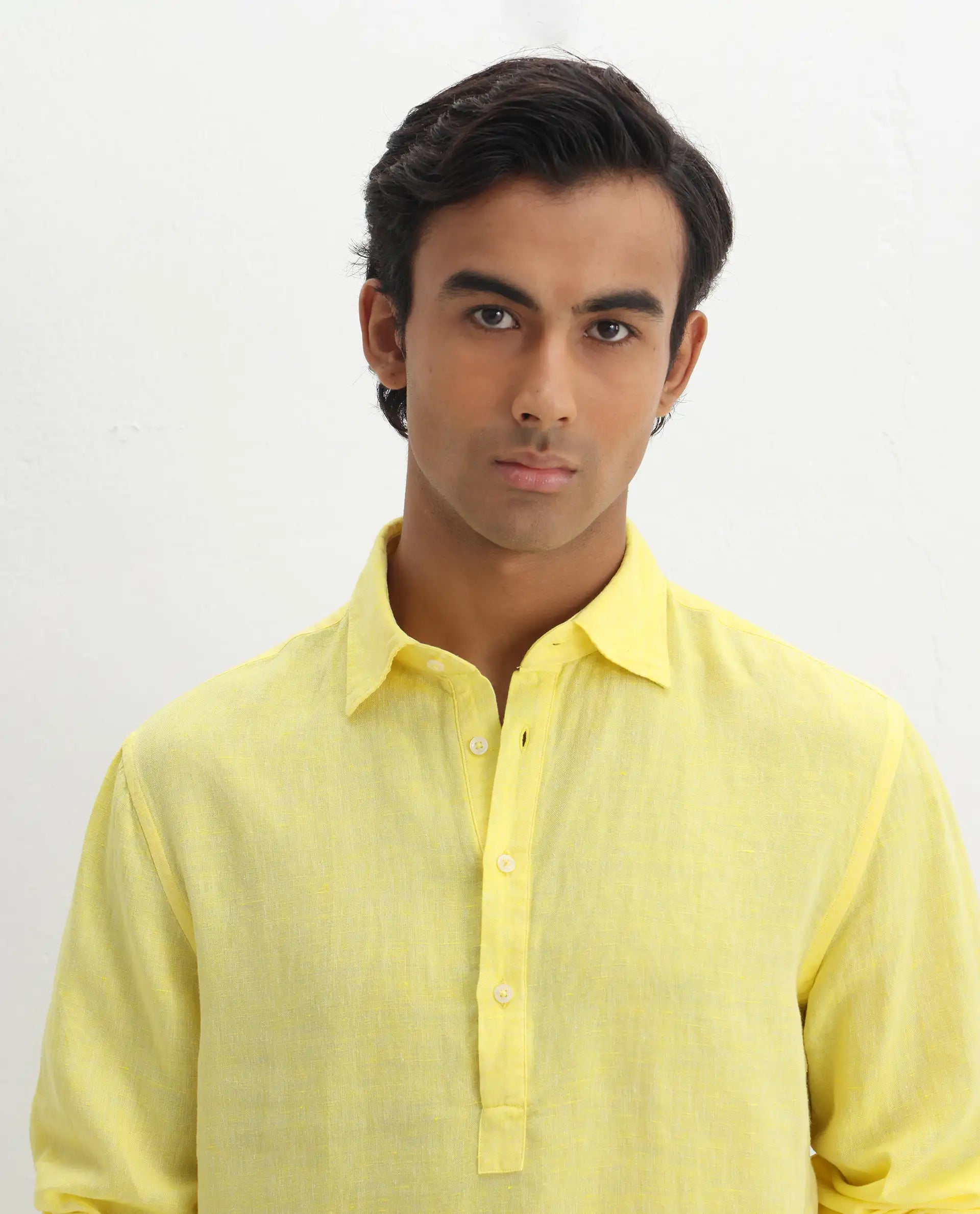 Rare Rabbit Men's Kurts Yellow Linen Plain Regular Fit Full Sleeve Collared Shirt