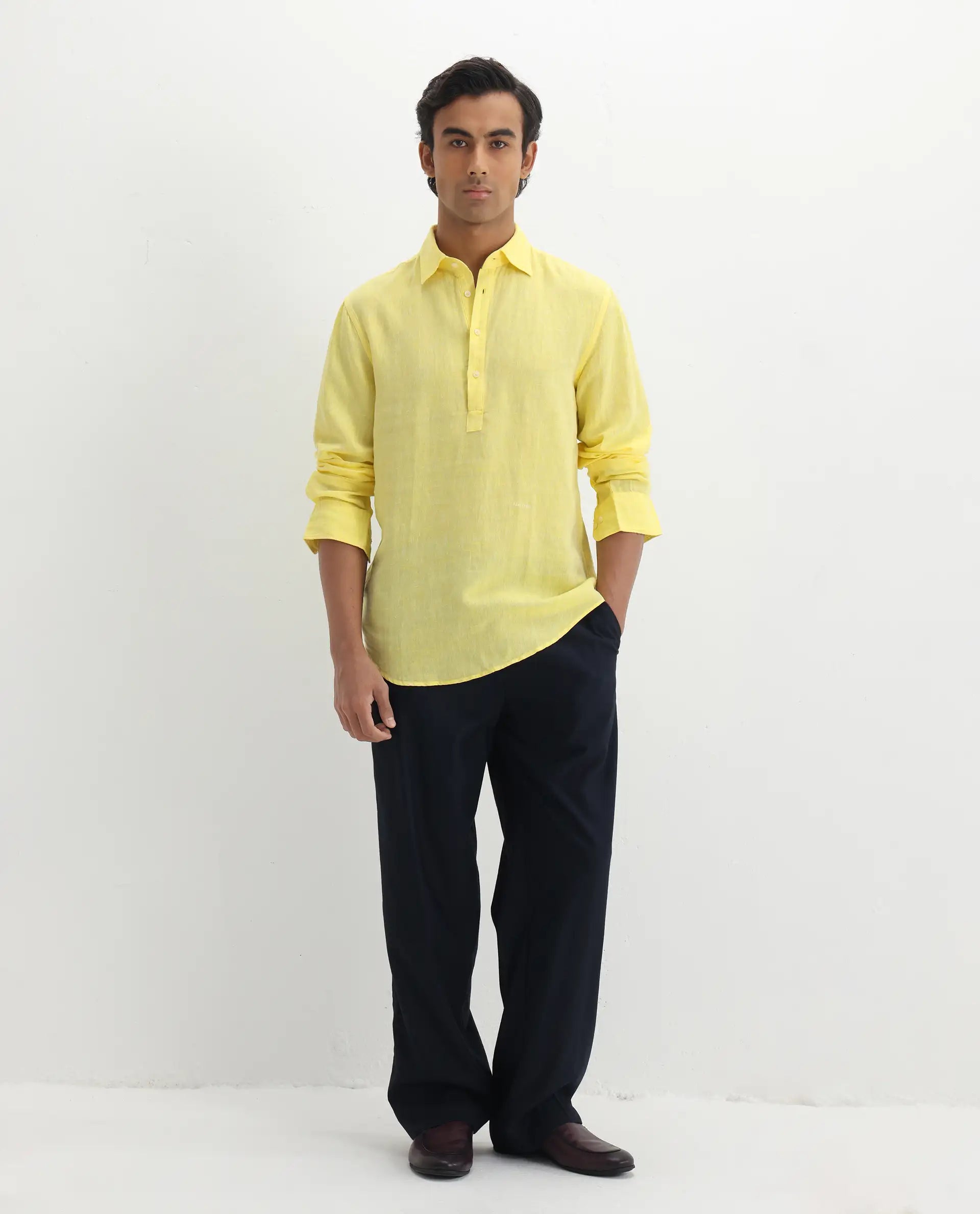 Rare Rabbit Men's Kurl Light Yellow 100% Linen Fabric Full Sleeves Collared Neck Button Closure Plain Shirt