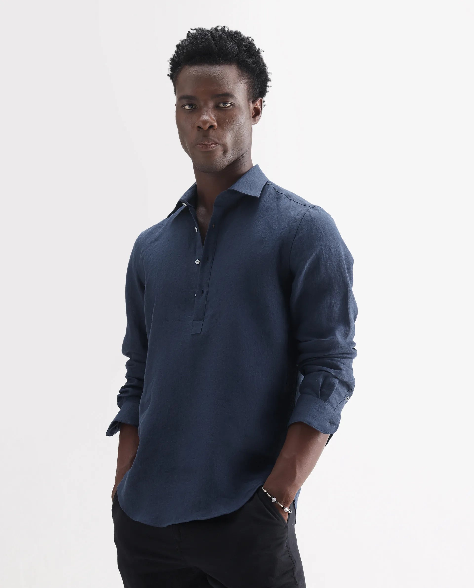 Rare Rabbit Men's Kurts Navy 100% Linen Plain Regular Fit Full Sleeve Collared Shirt