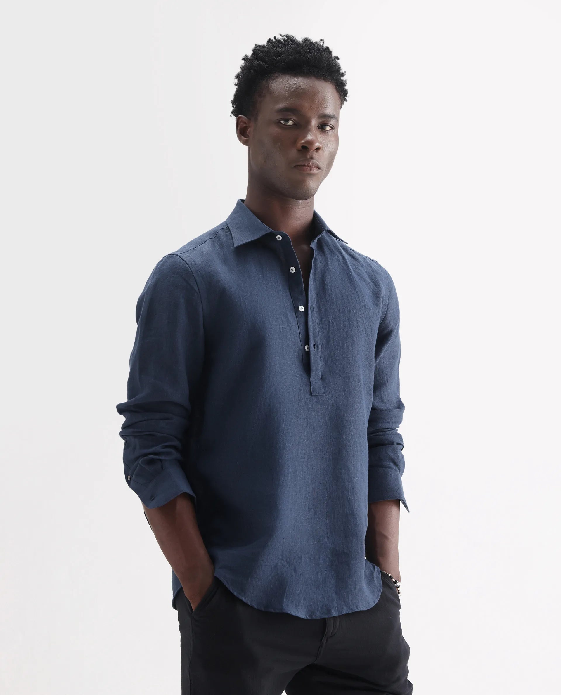 Rare Rabbit Men's Kurts Navy 100% Linen Plain Regular Fit Full Sleeve Collared Shirt