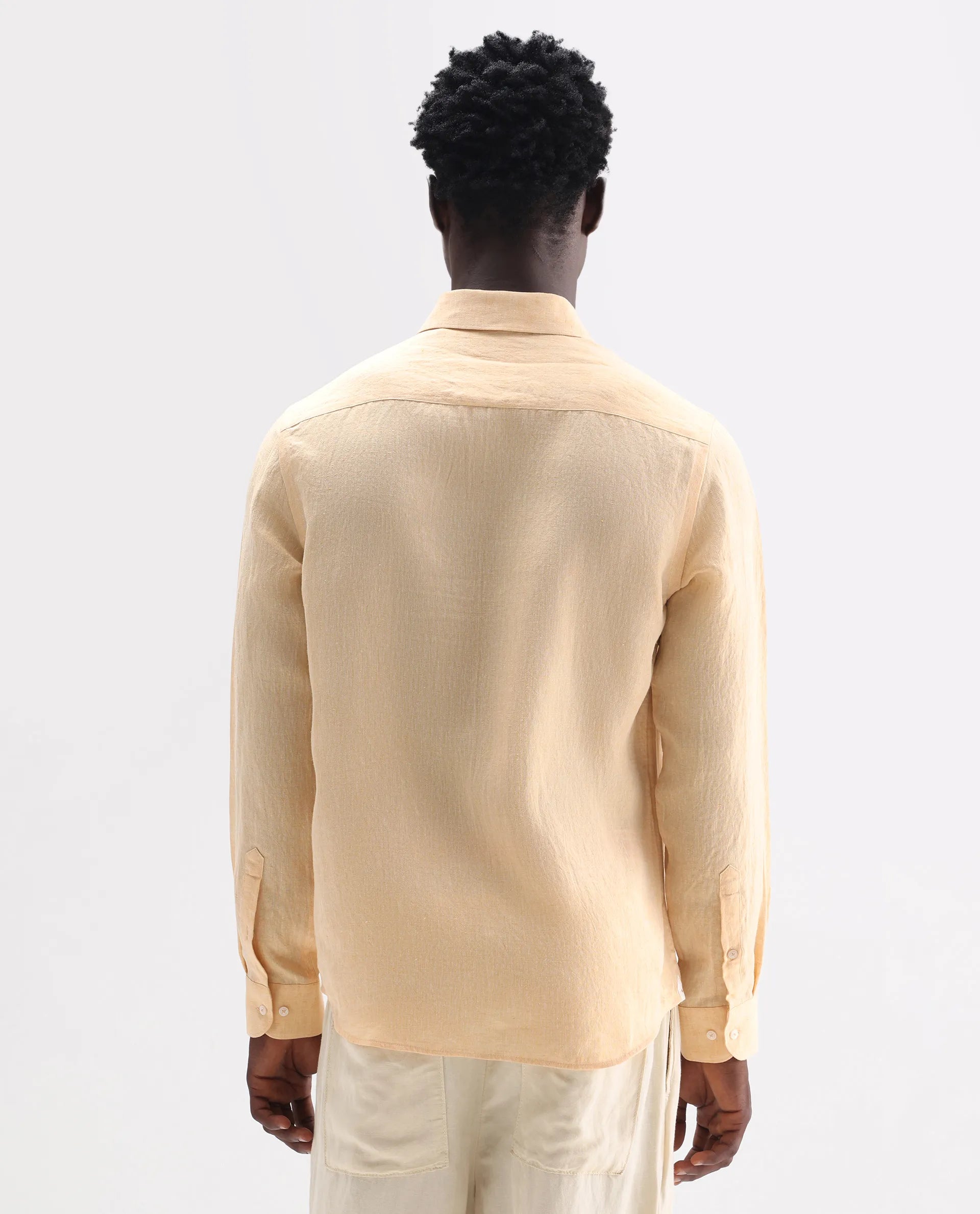 Rare Rabbit Men's Kurts Dusky Yellow 100% Linen Plain Regular Fit Full Sleeve Collared Shirt