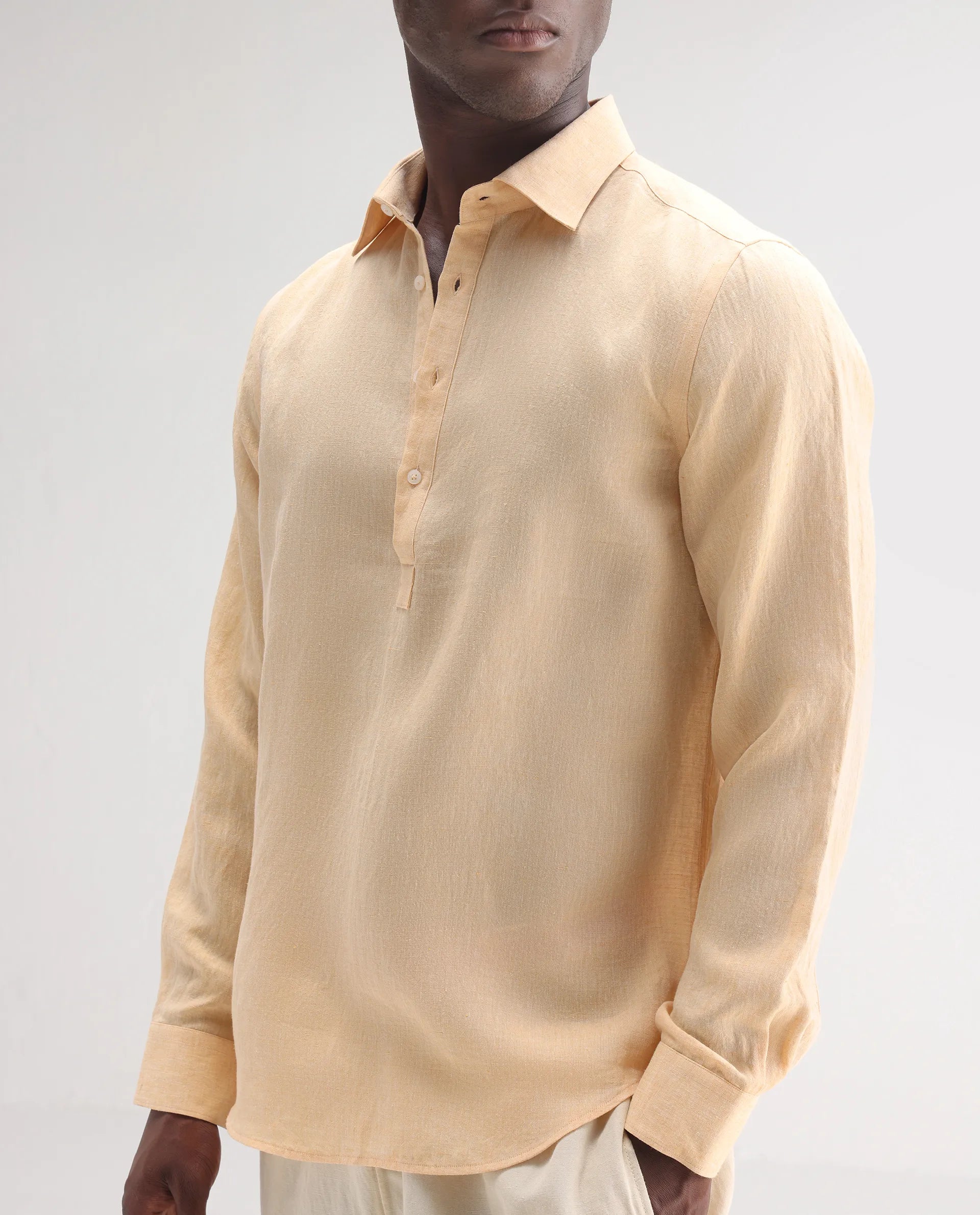 Rare Rabbit Men's Kurts Dusky Yellow 100% Linen Plain Regular Fit Full Sleeve Collared Shirt