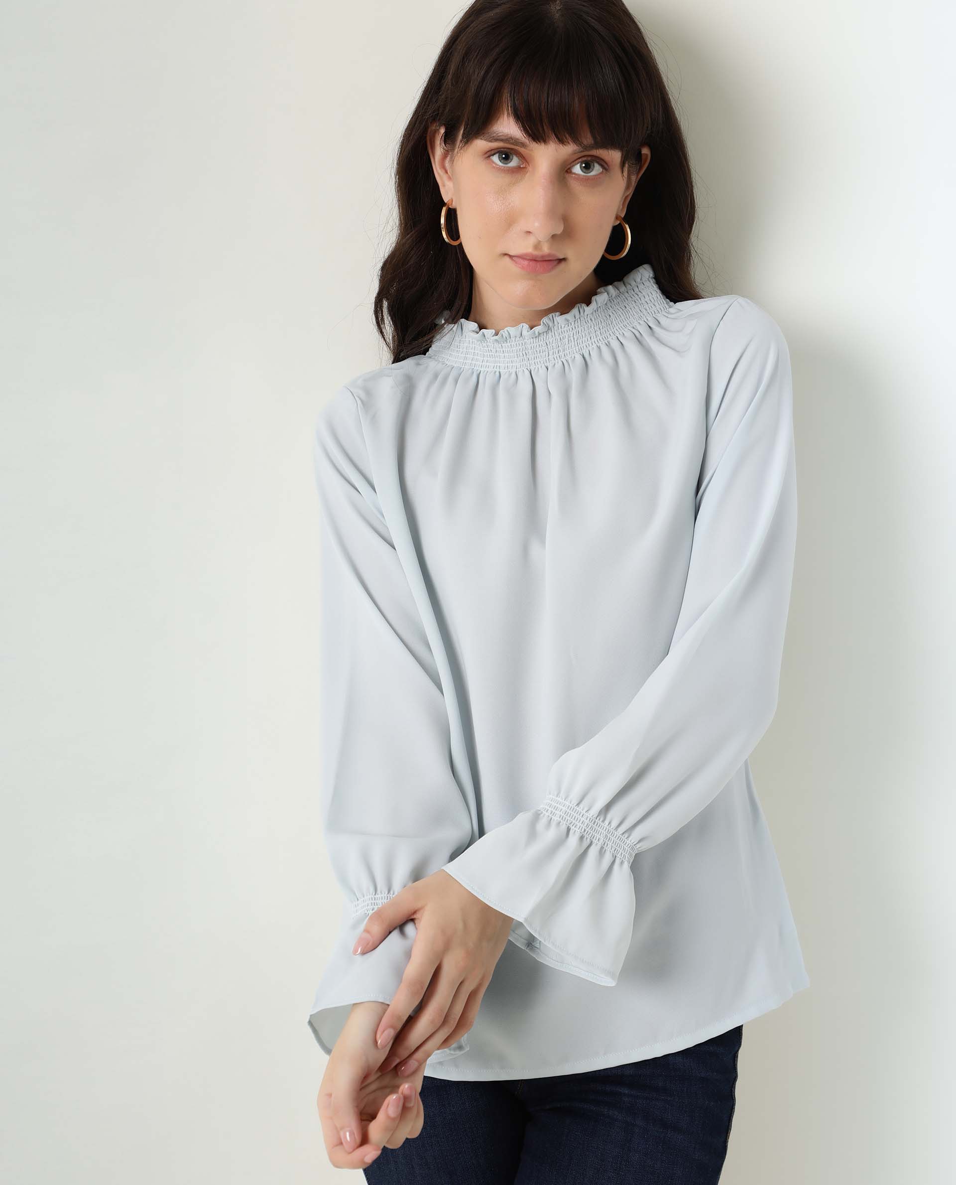 Rareism Womens Kusho Blue Top Viscose Fabric Relaxed Fit Full Sleeve High Neck