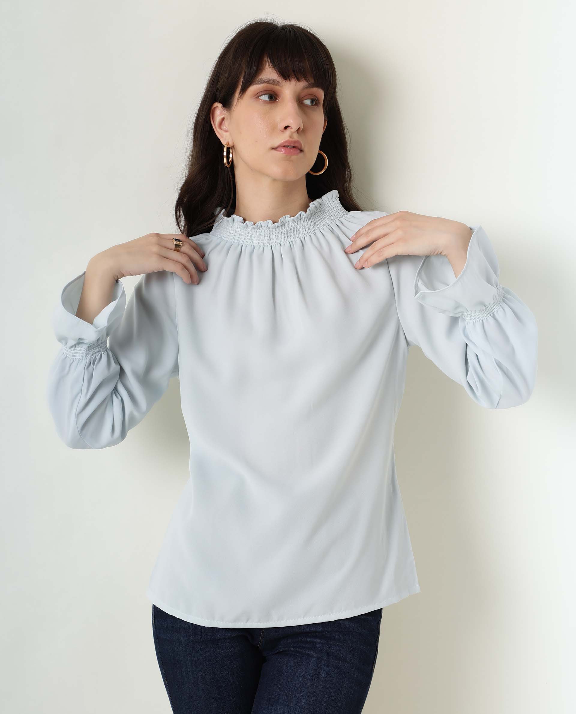 Rareism Womens Kusho Blue Top Viscose Fabric Relaxed Fit Full Sleeve High Neck