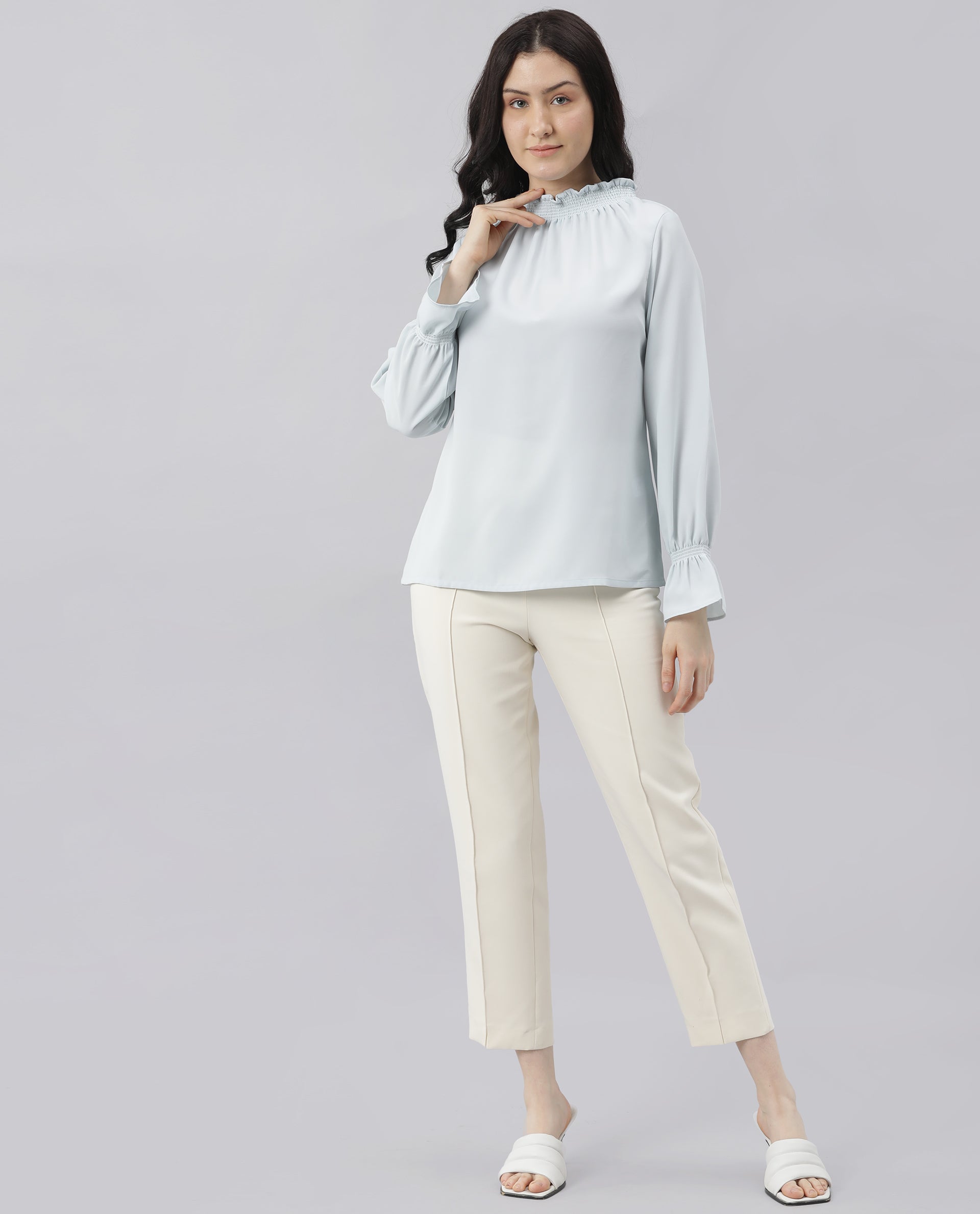 Rareism Womens Kusho Blue Top Viscose Fabric Relaxed Fit Full Sleeve High Neck