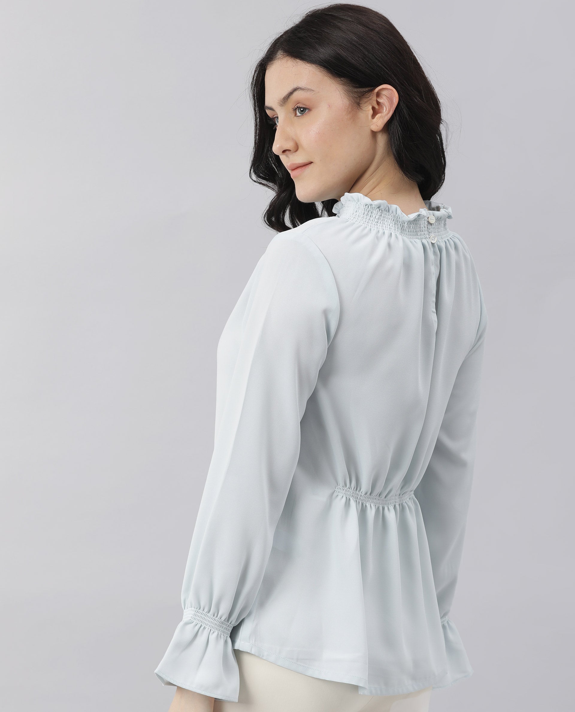 Rareism Womens Kusho Blue Top Viscose Fabric Relaxed Fit Full Sleeve High Neck