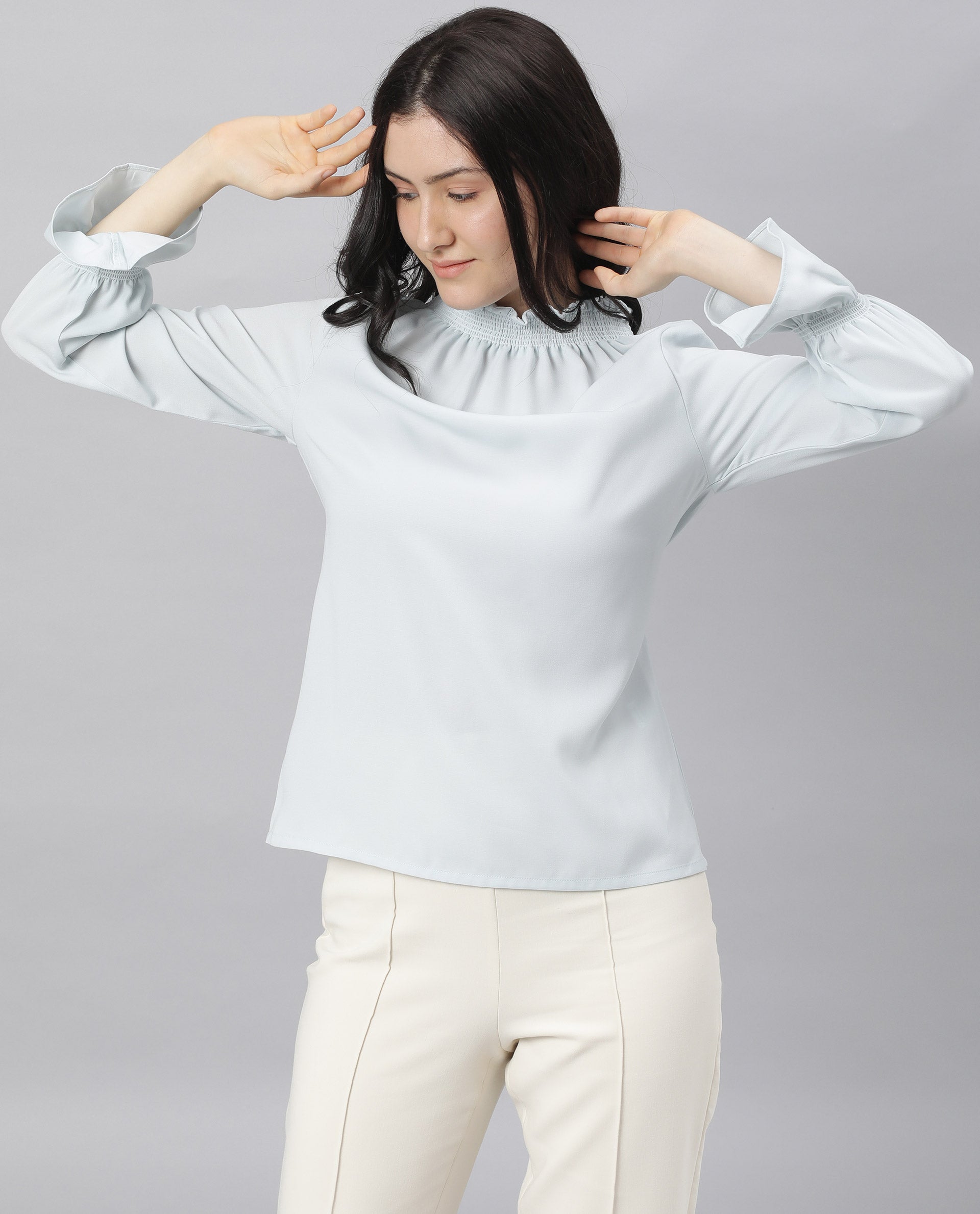 Rareism Womens Kusho Blue Top Viscose Fabric Relaxed Fit Full Sleeve High Neck