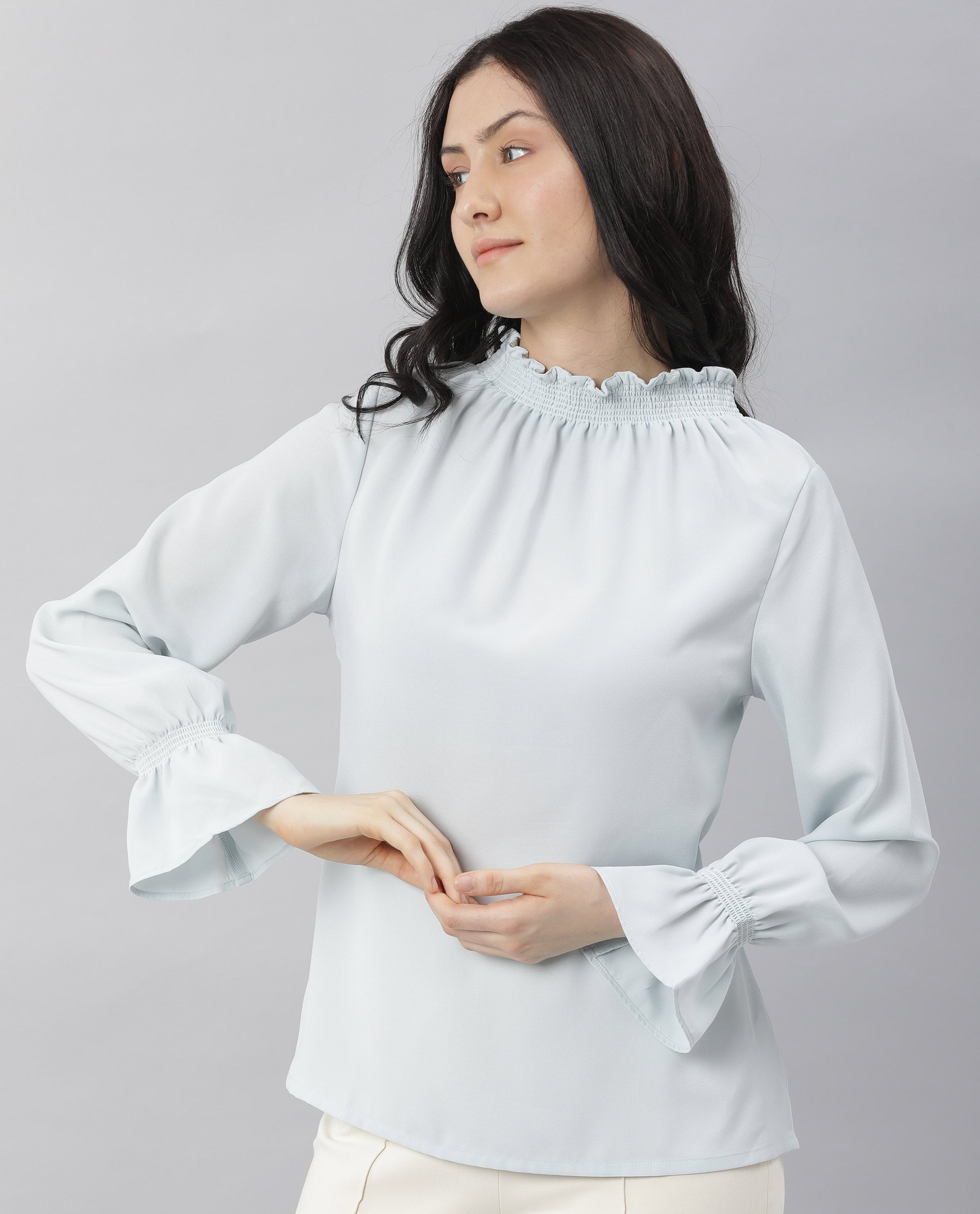 Rareism Womens Kusho Blue Top Viscose Fabric Relaxed Fit Full Sleeve High Neck