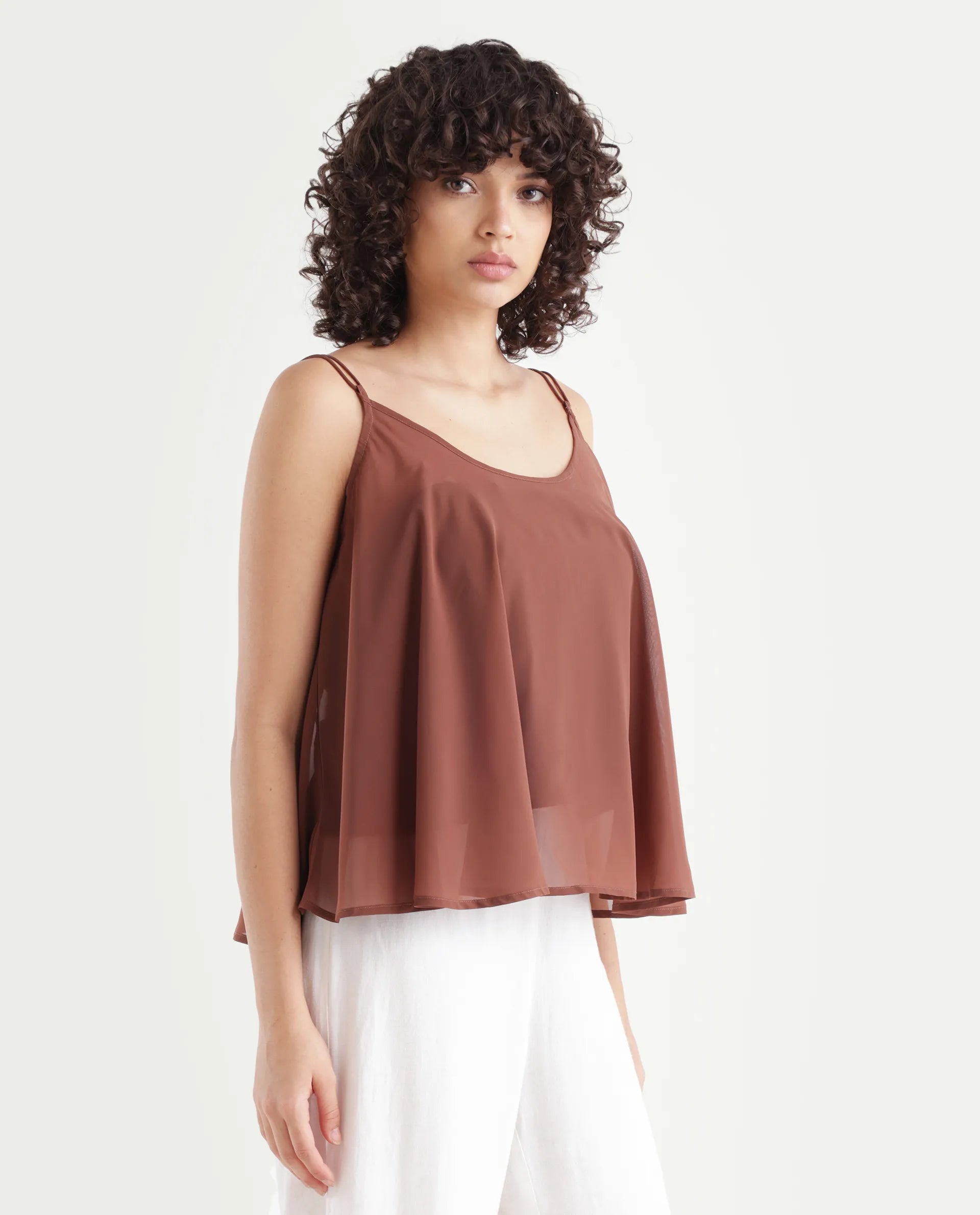 Rareism Women's Kuso Rust Polyester Shoulder Strap Plain Sleeveless Relaxed Fit Top