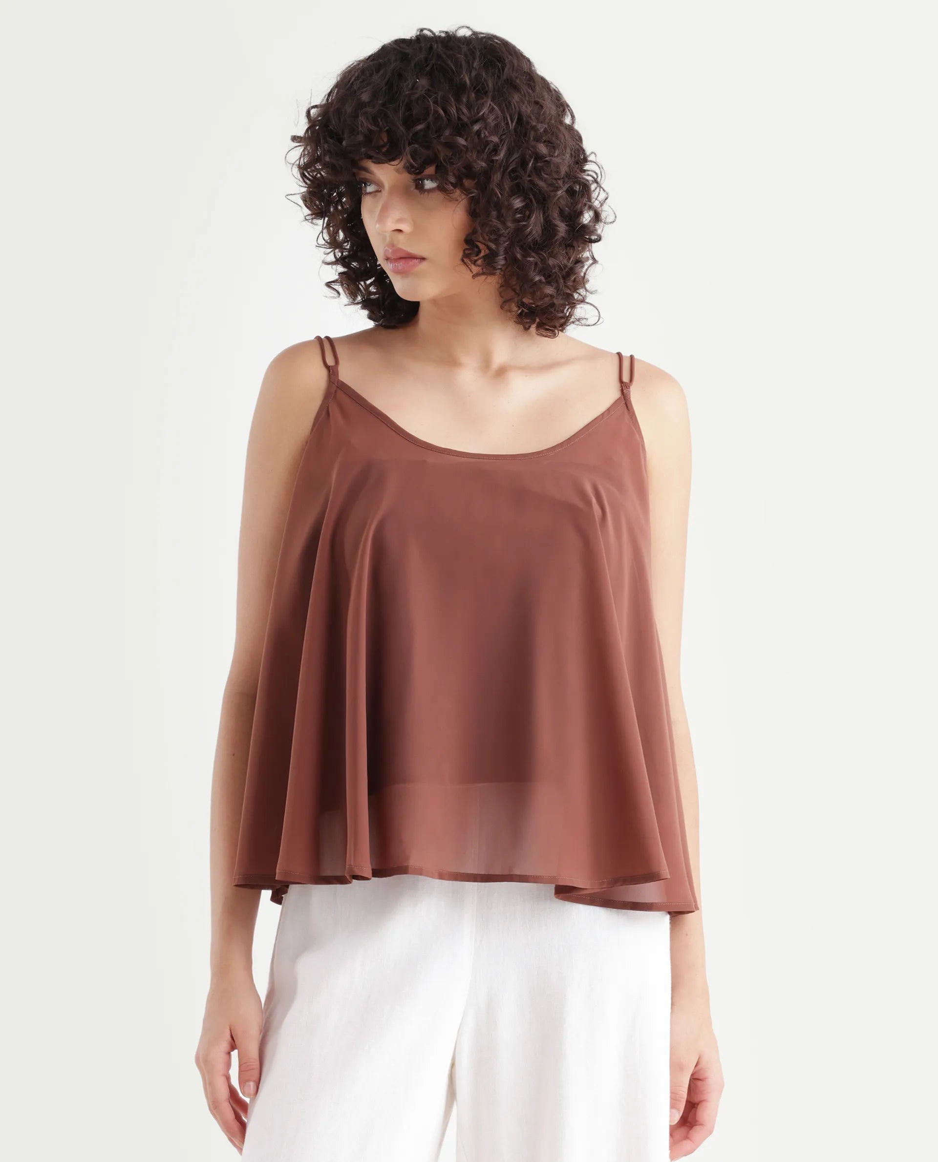 Rareism Women's Kuso Rust Polyester Shoulder Strap Plain Sleeveless Relaxed Fit Top