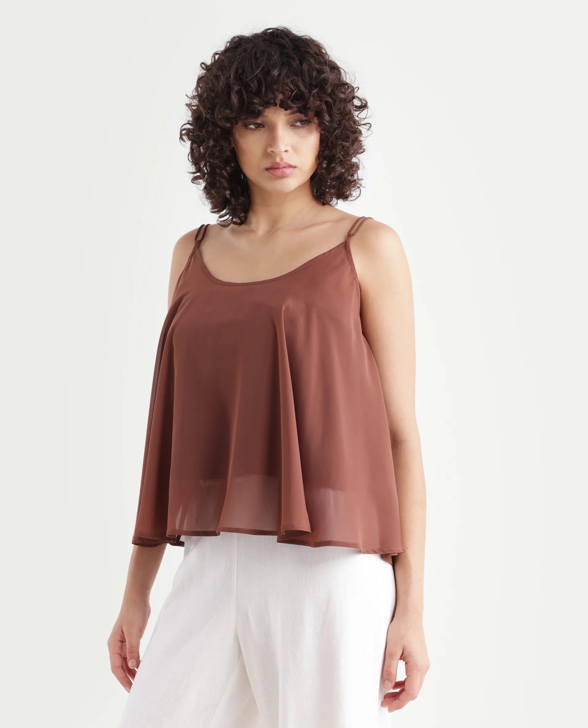 Rareism Women's Kuso Rust Polyester Shoulder Strap Plain Sleeveless Relaxed Fit Top