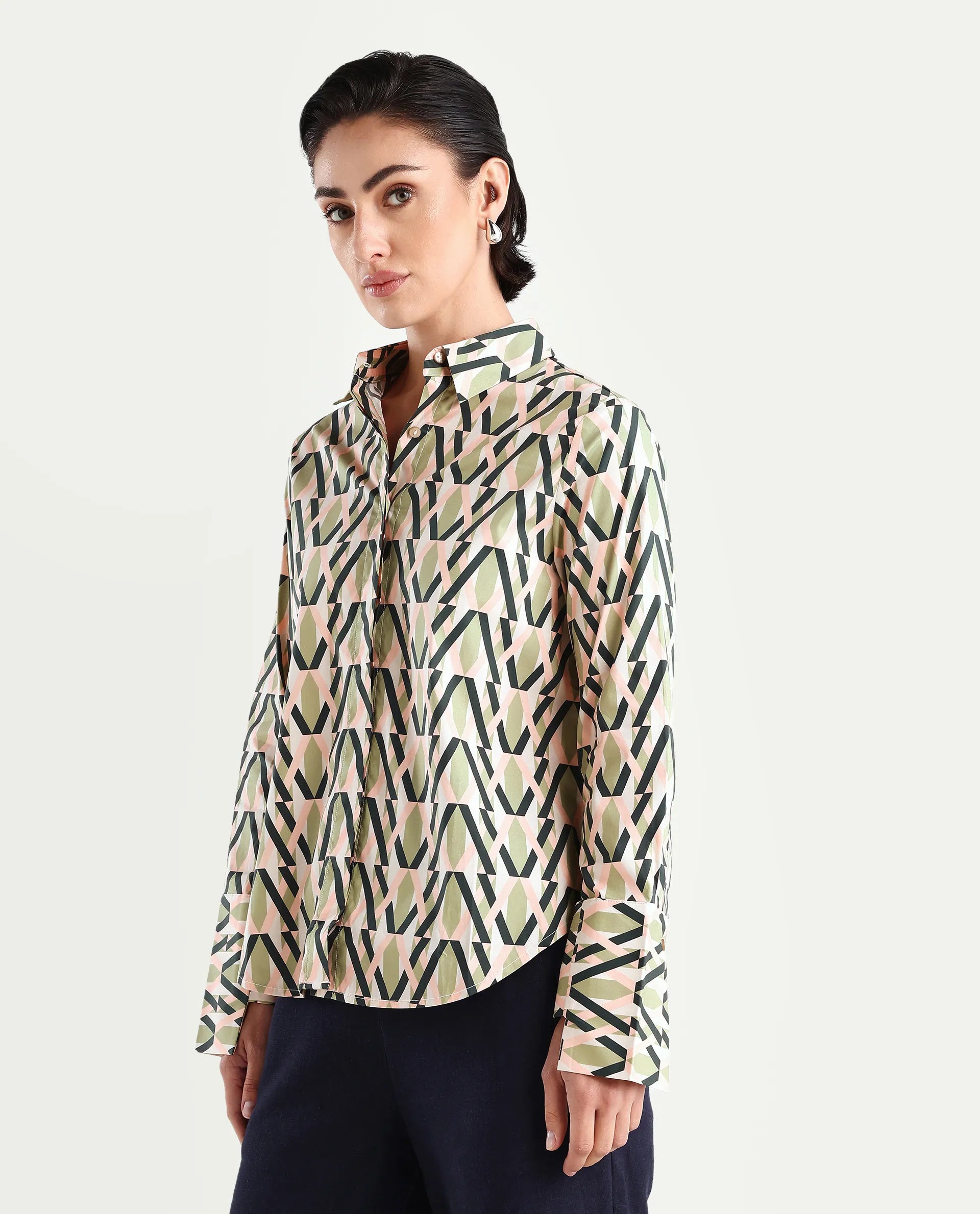 Rareism Women's Kuvin Multi Poplin Lycra Drop Collar Geometric Print Cuffed Sleeve Regular Fit Top