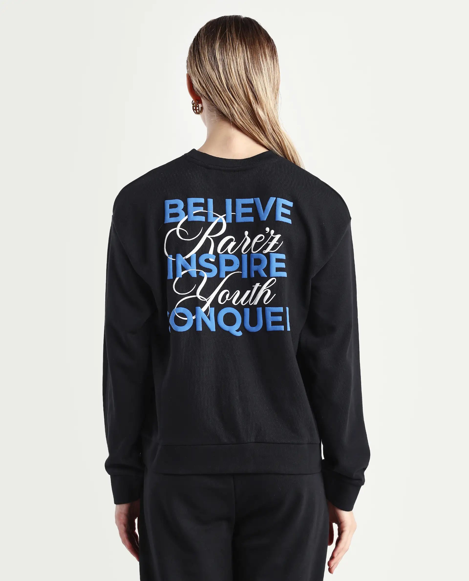 Rareism Women's Kuyum Black Cotton Blend Crew Neck Typography Print Regular Fit Sweatshirt