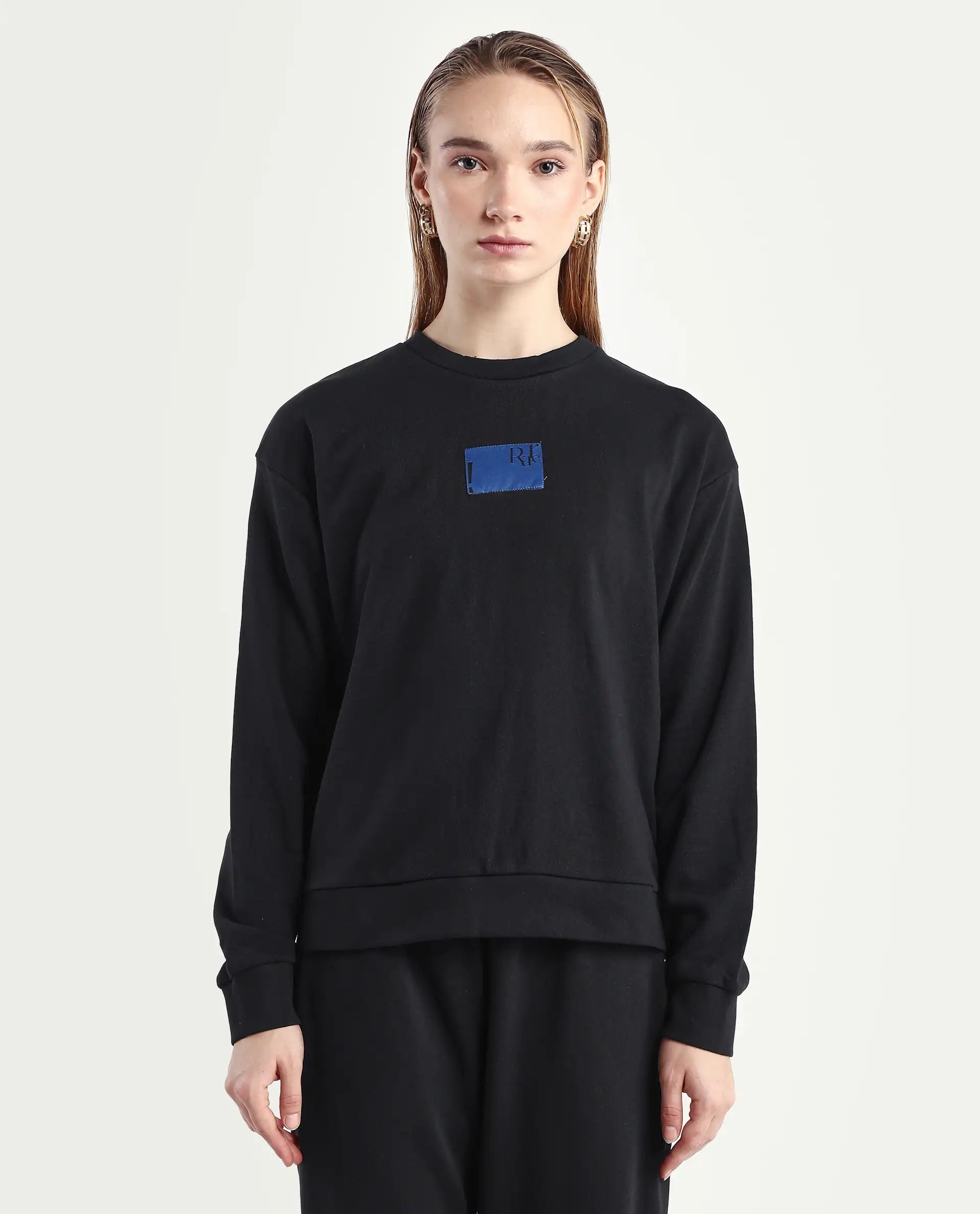 Rareism Women's Kuyum Black Cotton Blend Crew Neck Typography Print Regular Fit Sweatshirt