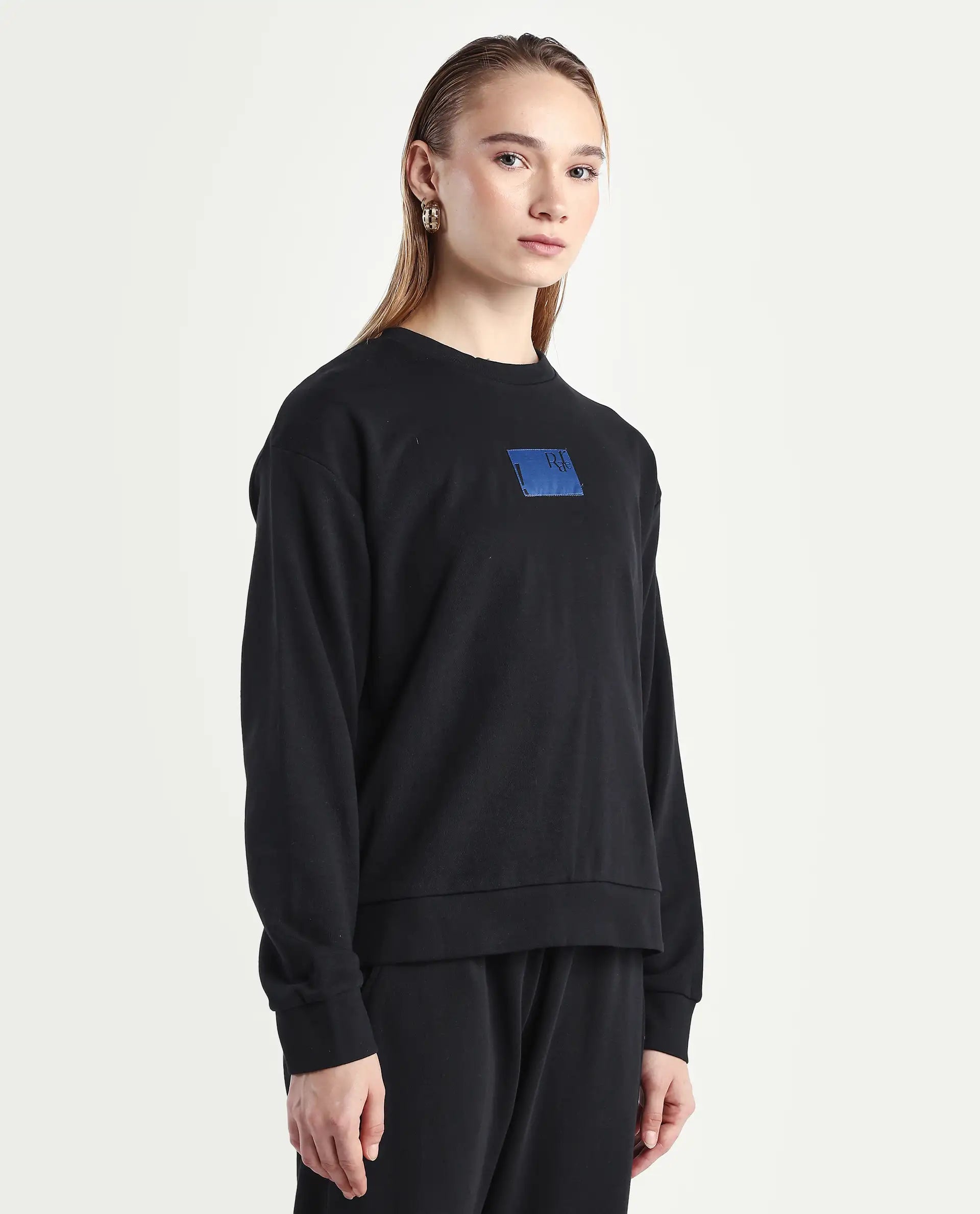 Rareism Women's Kuyum Black Cotton Blend Crew Neck Typography Print Regular Fit Sweatshirt