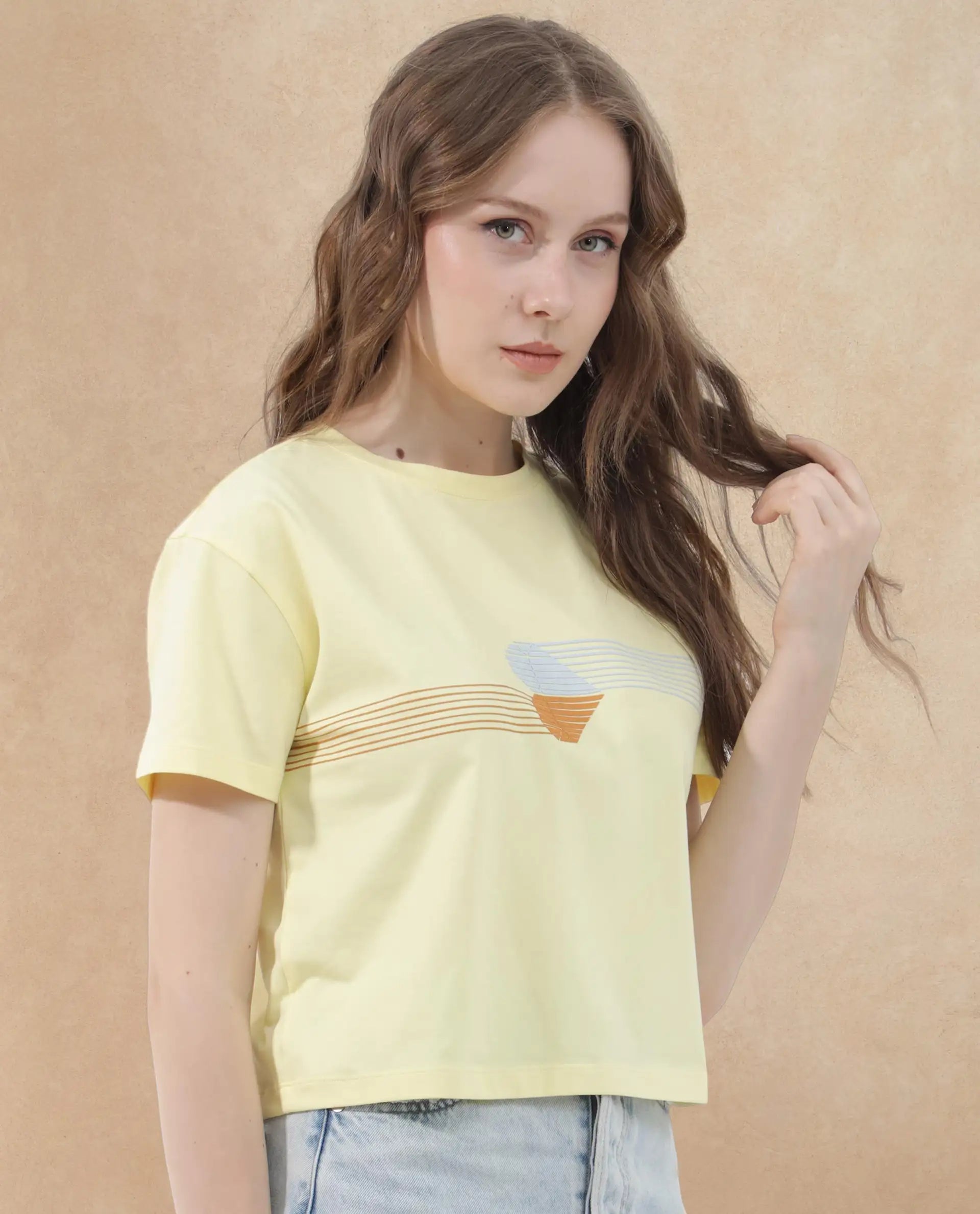 Rareism Women Kuncro Yellow Cotton Elastane Fabric Crew Neck Knit Solid T-Shirt