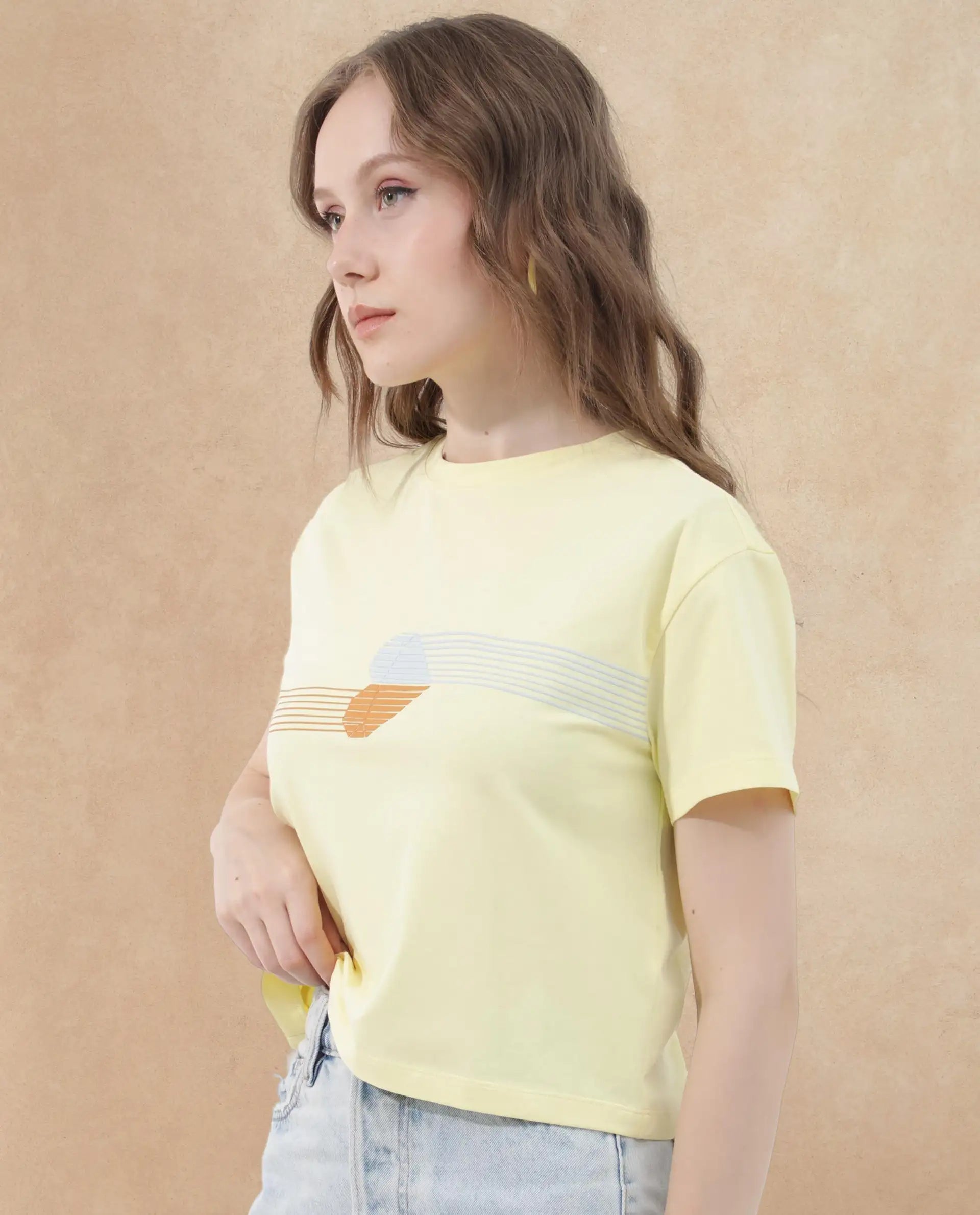 Rareism Women Kuncro Yellow Cotton Elastane Fabric Crew Neck Knit Solid T-Shirt