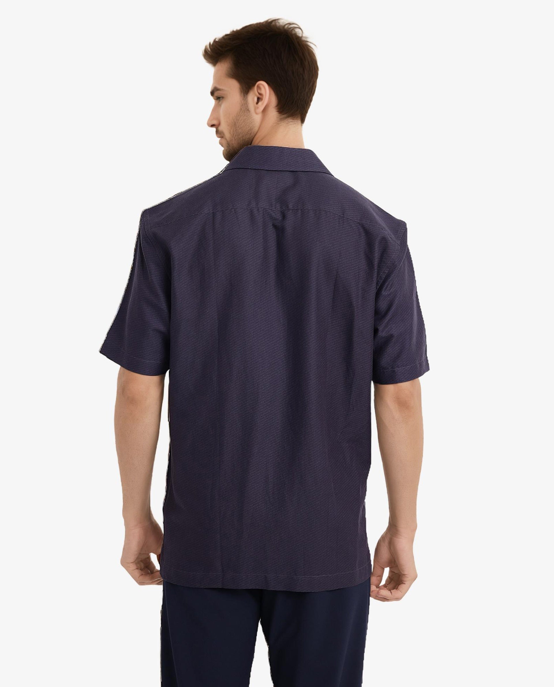 Rare Rabbit Men Kyle Navy Cotton Viscose Fabric Short Sleeve Cuban Collar Boxy Fit Floral Placement Print Shirt