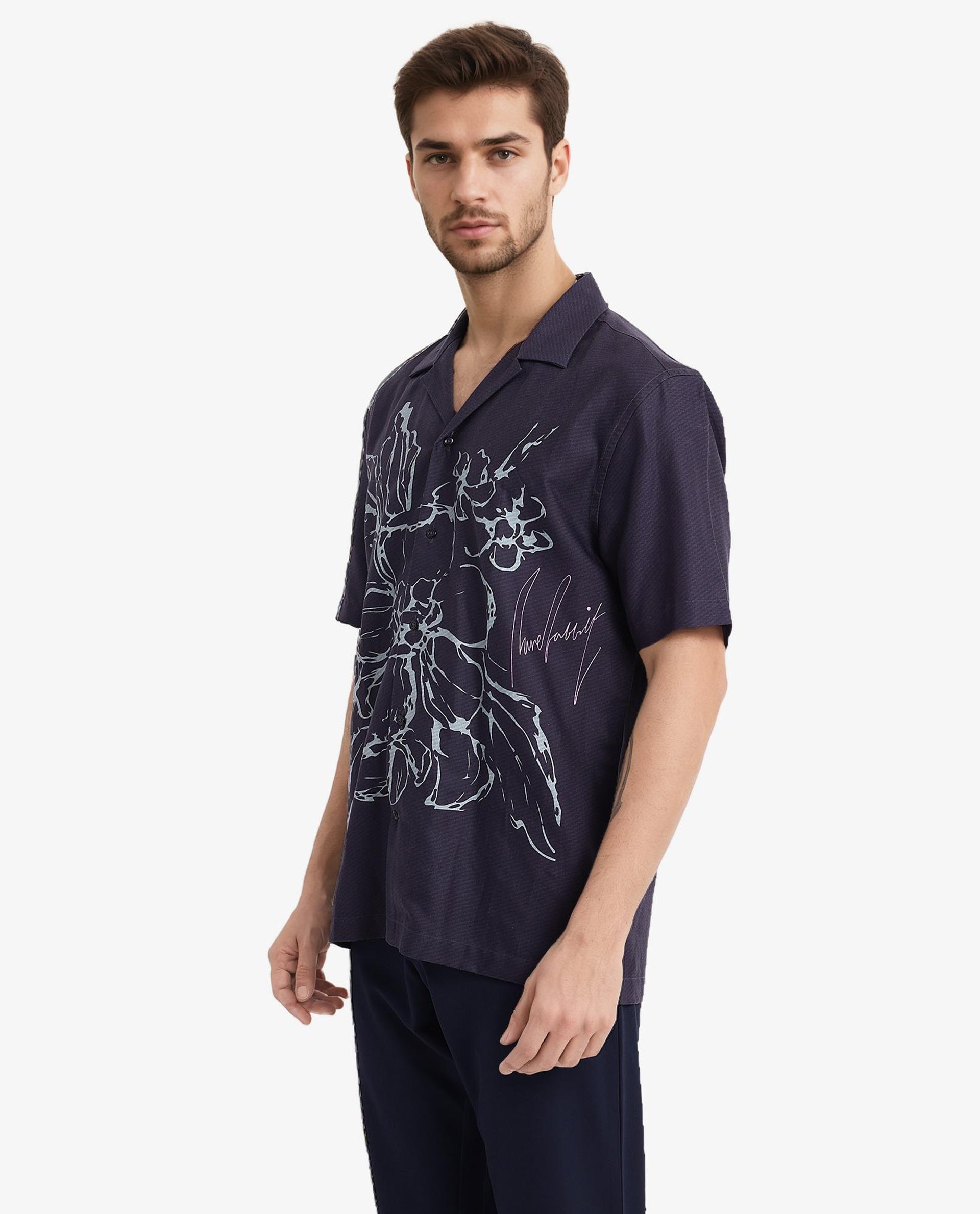 Rare Rabbit Men Kyle Navy Cotton Viscose Fabric Short Sleeve Cuban Collar Boxy Fit Floral Placement Print Shirt