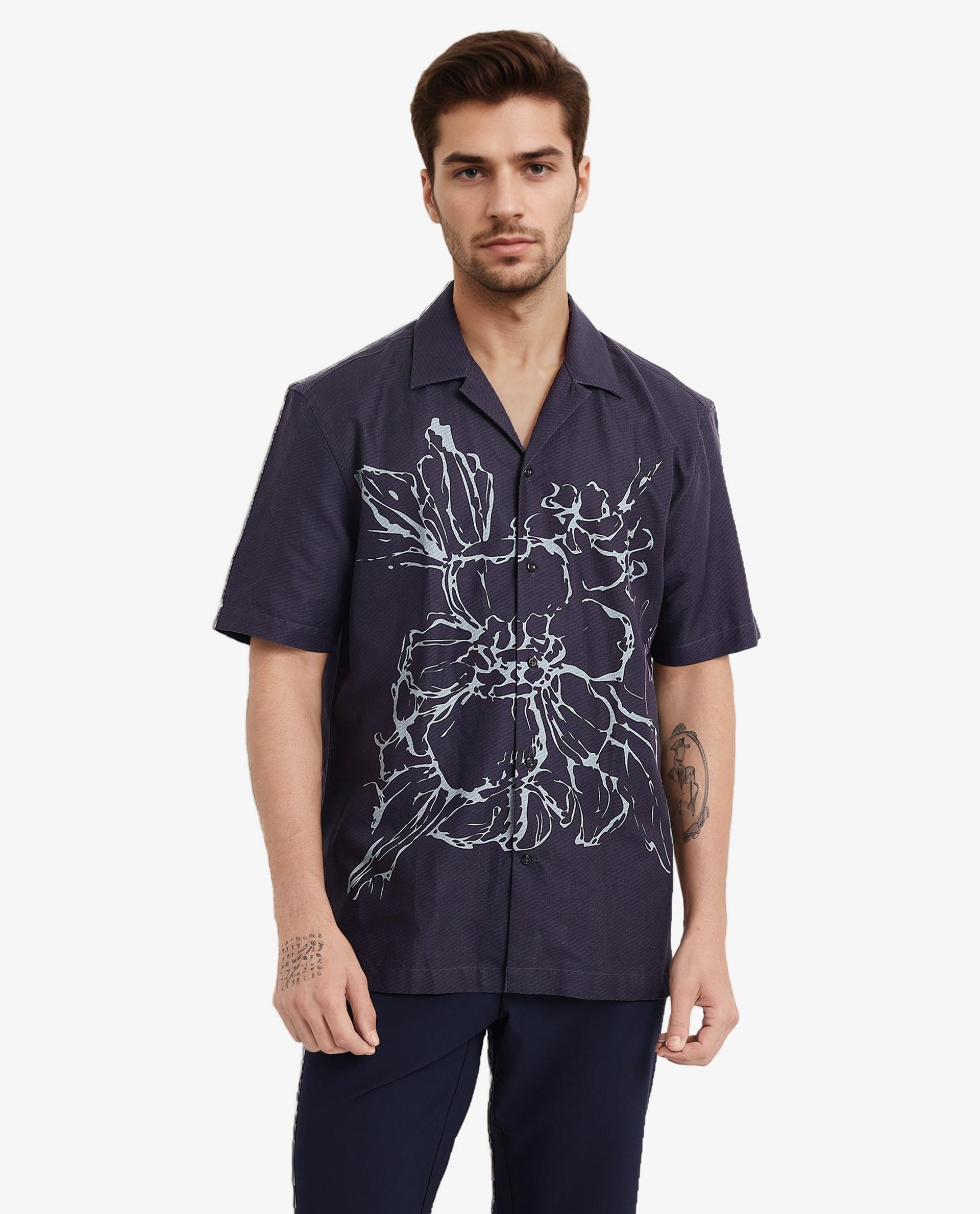 Rare Rabbit Men Kyle Navy Cotton Viscose Fabric Short Sleeve Cuban Collar Boxy Fit Floral Placement Print Shirt
