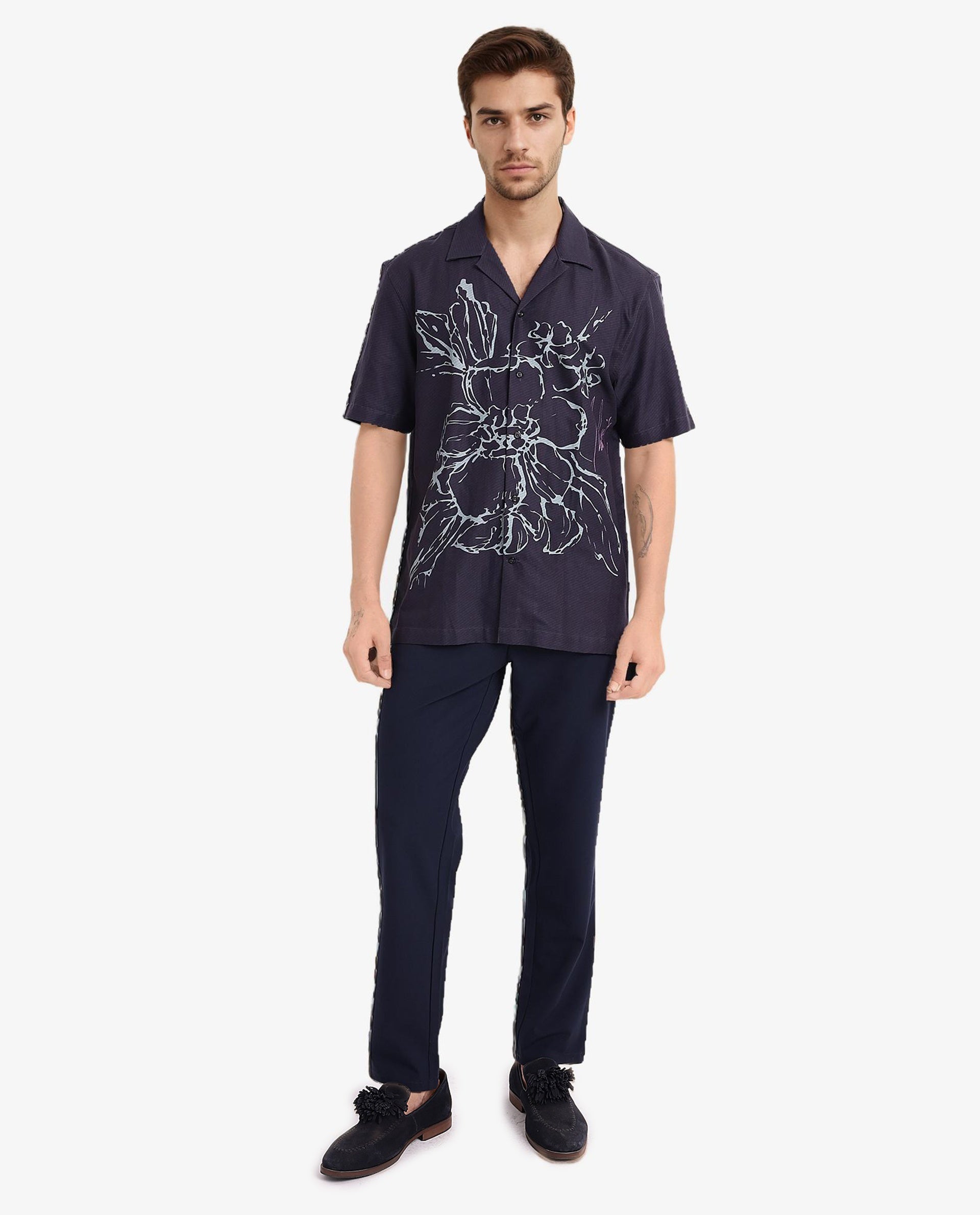 Rare Rabbit Men Kyle Navy Cotton Viscose Fabric Short Sleeve Cuban Collar Boxy Fit Floral Placement Print Shirt