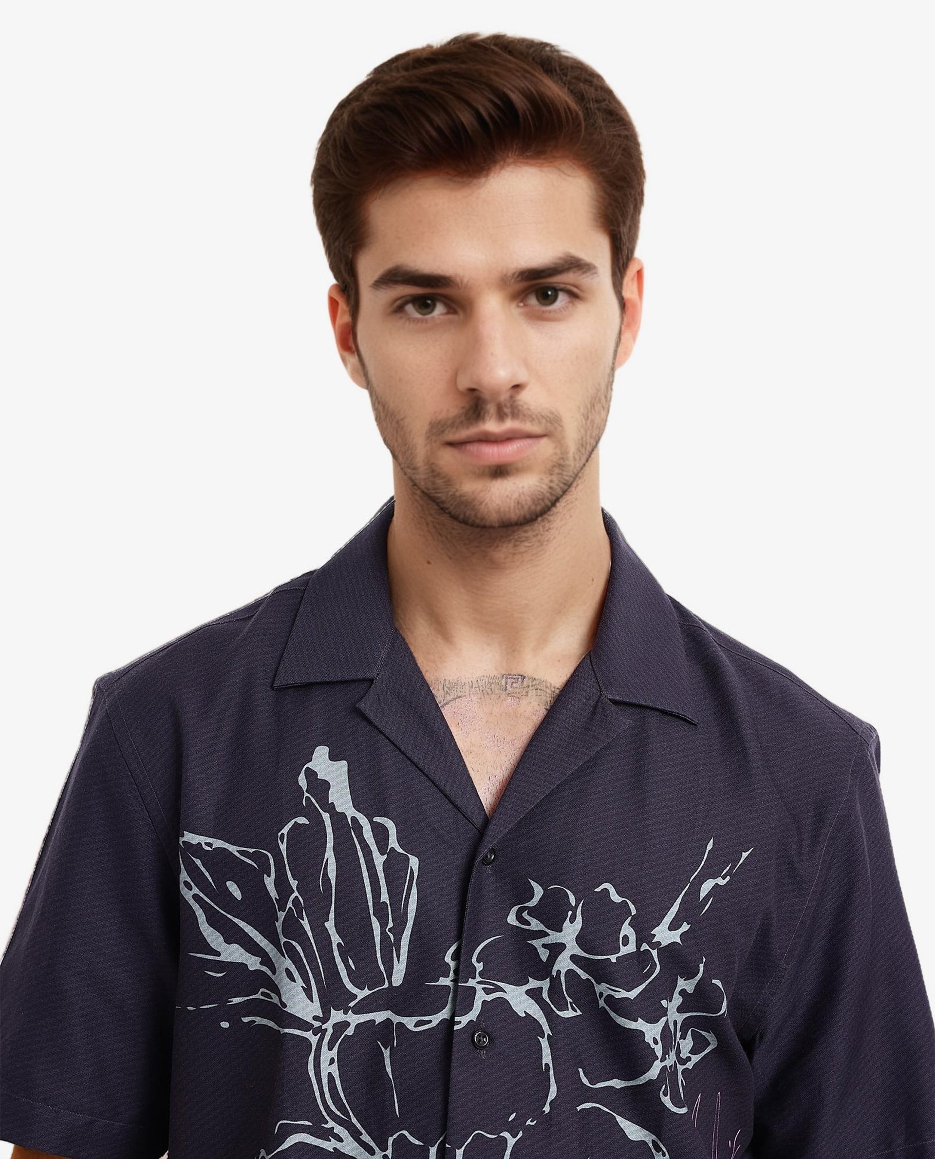 Rare Rabbit Men Kyle Navy Cotton Viscose Fabric Short Sleeve Cuban Collar Boxy Fit Floral Placement Print Shirt