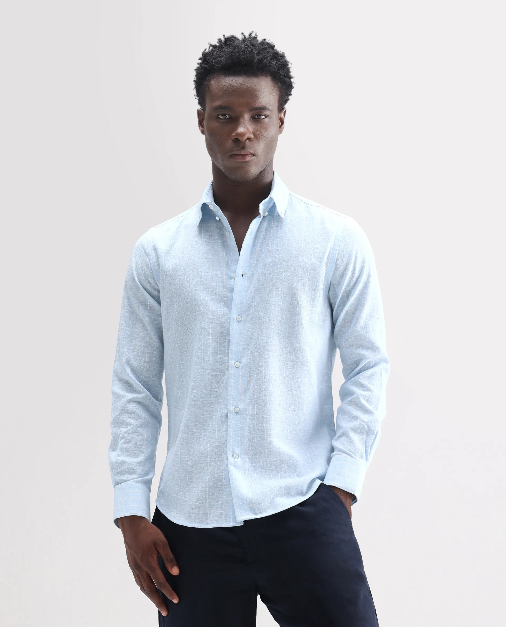 Rare Rabbit Men's Kylo Light Blue 100% Linen Striped Print Regular Fit Full Sleeve Collared Shirt