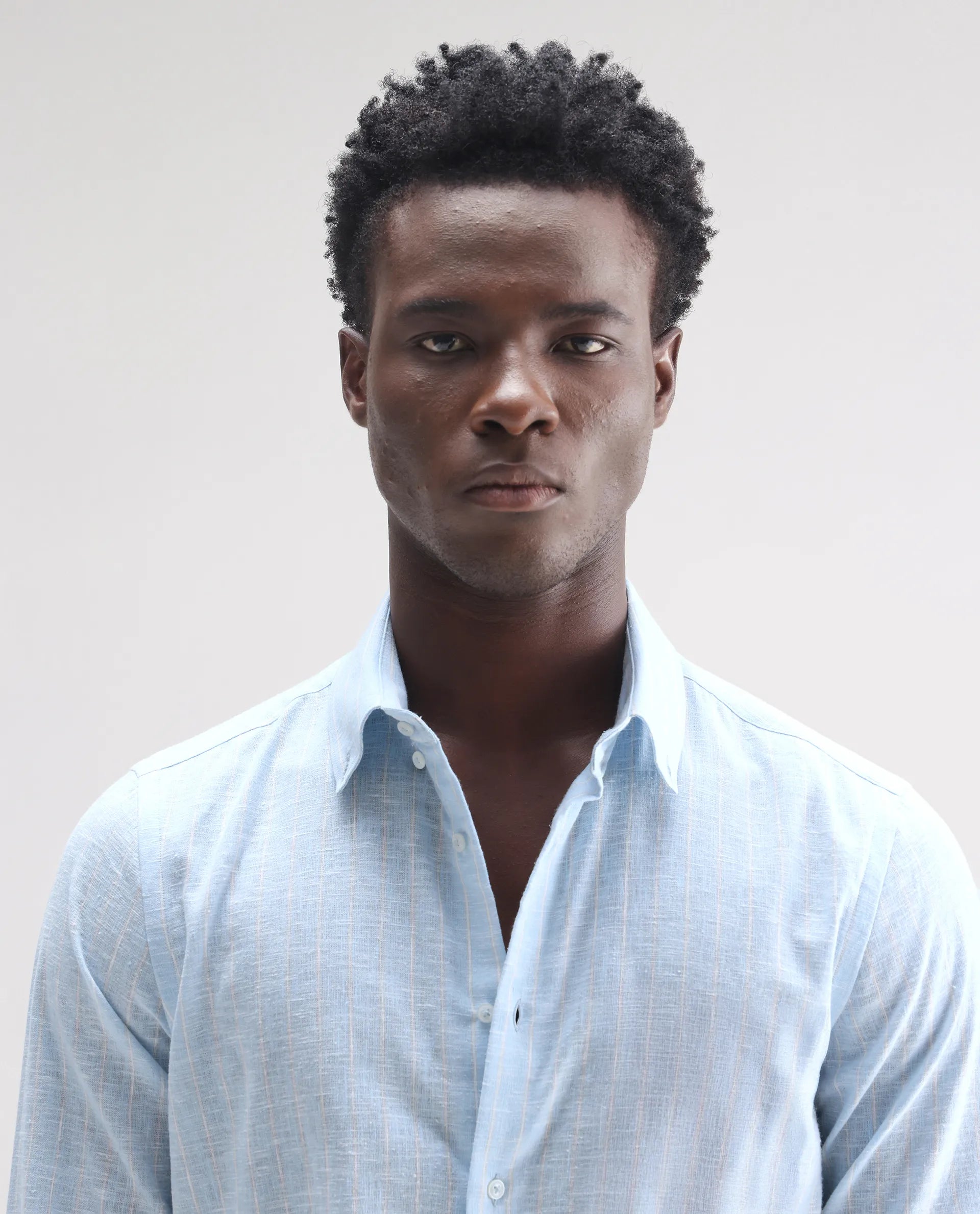 Rare Rabbit Men's Kylo Light Blue 100% Linen Striped Print Regular Fit Full Sleeve Collared Shirt