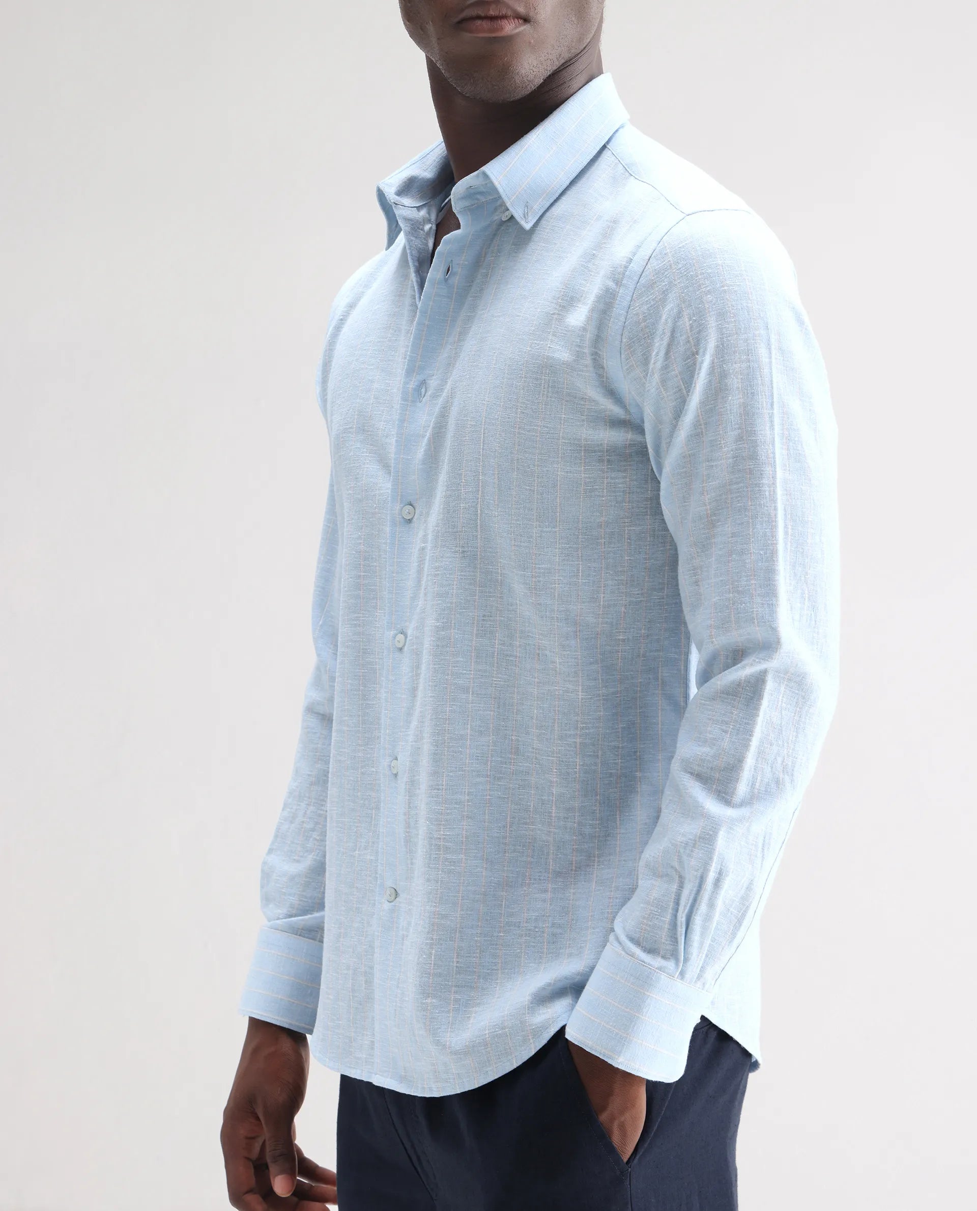 Rare Rabbit Men's Kylo Light Blue 100% Linen Striped Print Regular Fit Full Sleeve Collared Shirt