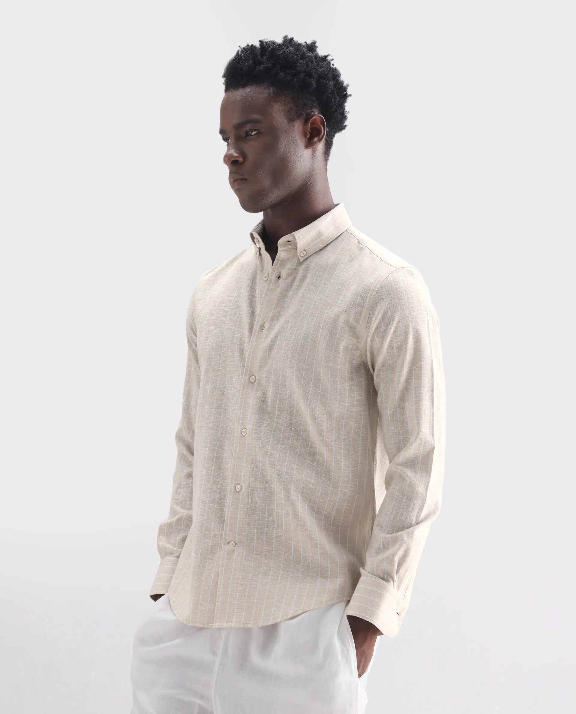 Rare Rabbit Men's Kylo Khaki 100% Linen Striped Print Regular Fit Full Sleeve Collared Shirt