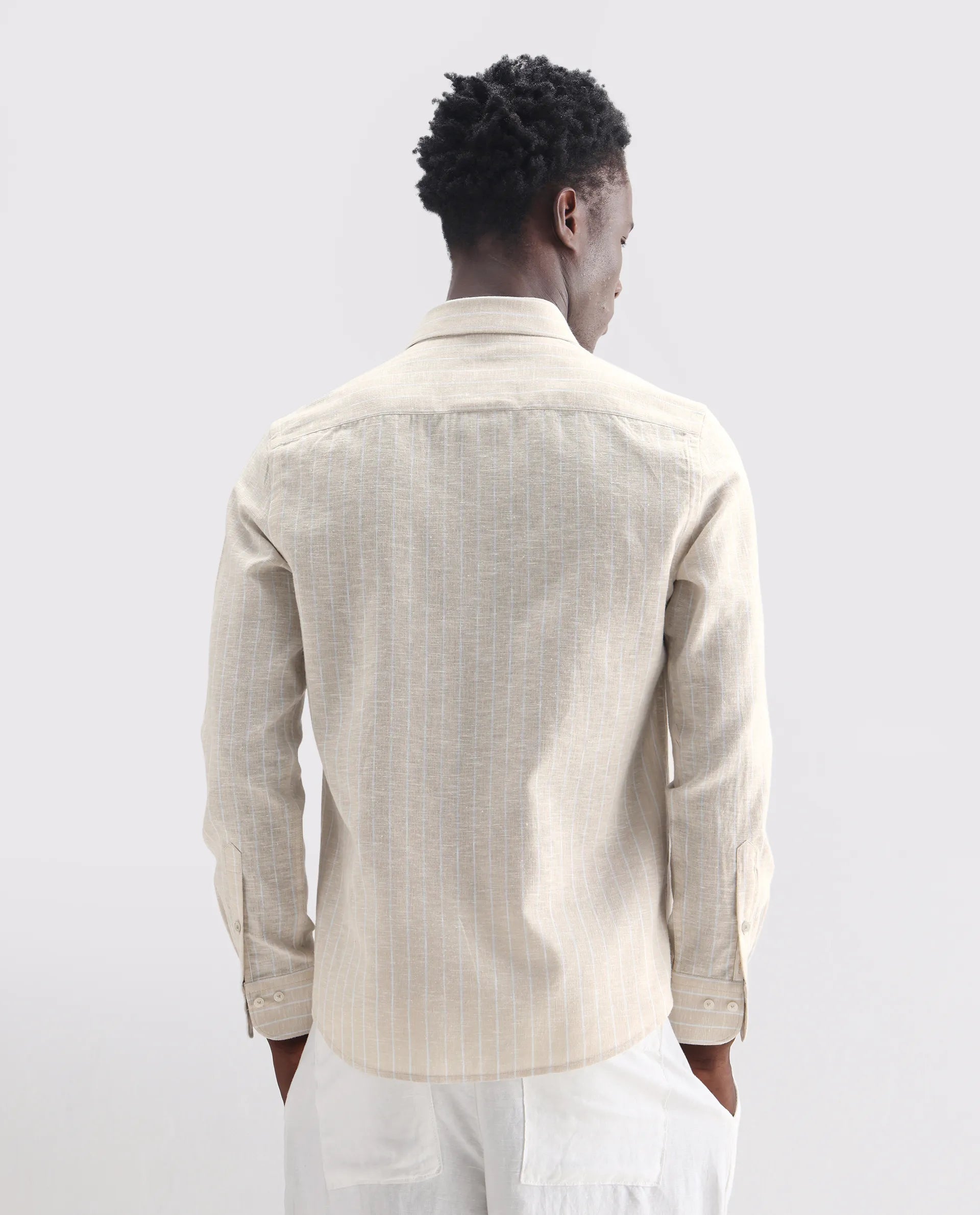 Rare Rabbit Men's Kylo Khaki 100% Linen Striped Print Regular Fit Full Sleeve Collared Shirt